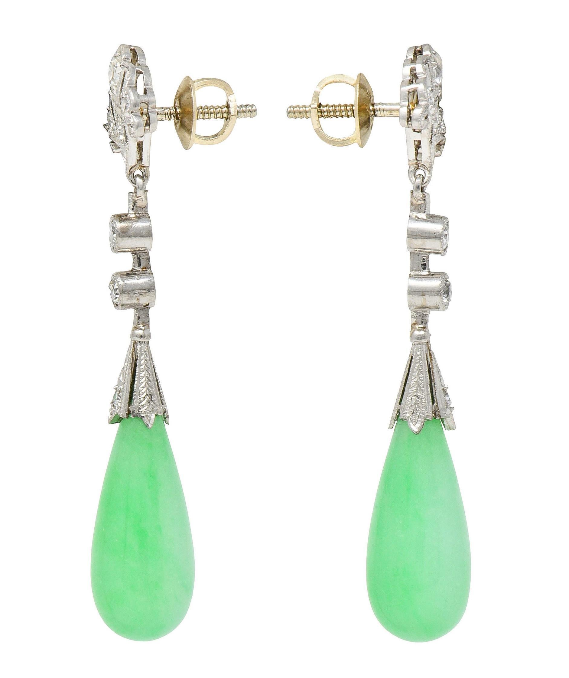 Art Deco Vintage Jadeite Jade Diamond Platinum Fanning Lotus Drop Earrings In Excellent Condition In Philadelphia, PA