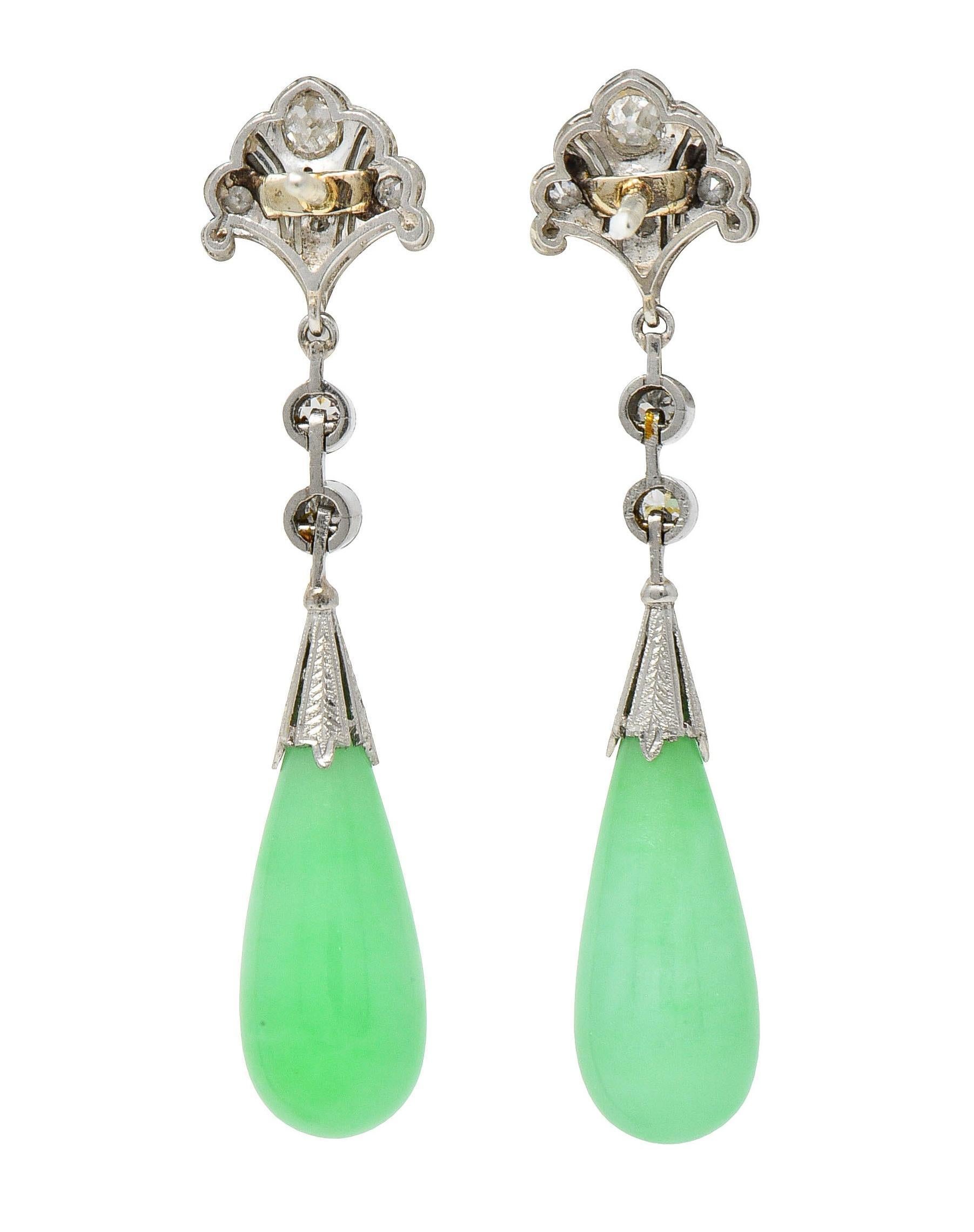 Women's or Men's Art Deco Vintage Jadeite Jade Diamond Platinum Fanning Lotus Drop Earrings
