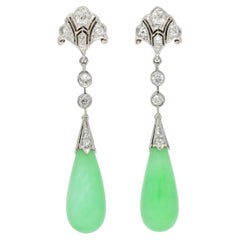 Art Deco Antique Jadeite Jade Diamond Platinum Fanning Lotus Drop Earrings