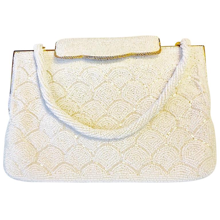 Art Deco Vintage Ladies Evening Bag with White Beaded Patterns of Stylized Waves For Sale