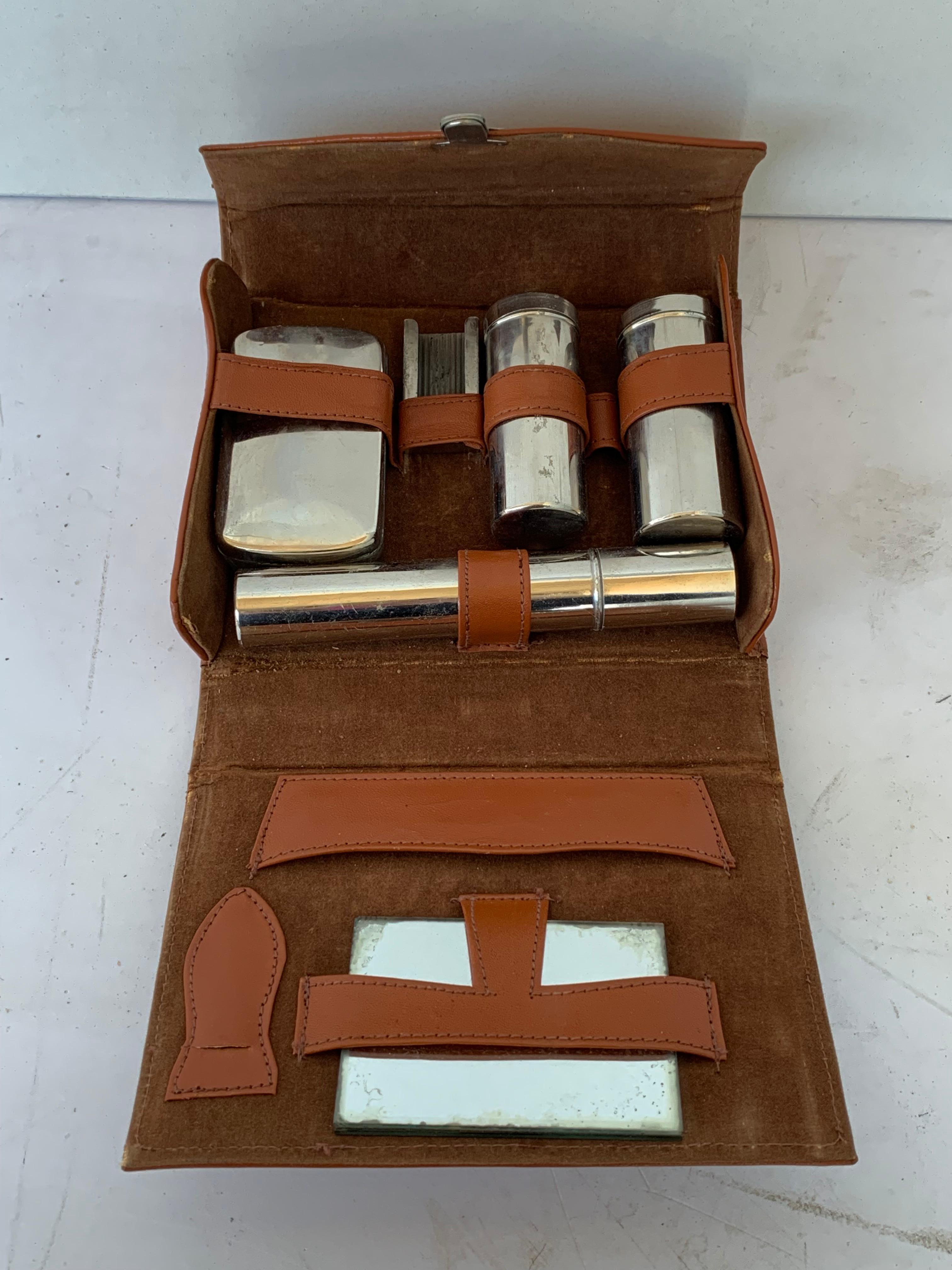 Argentine Art Deco Vintage Leather Travel Grooming Set with Toiletry Pieces For Sale