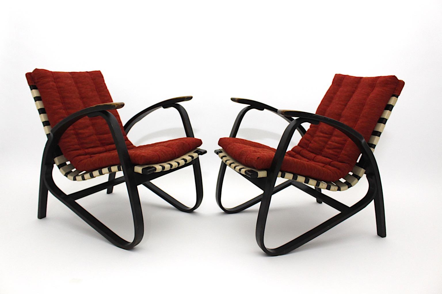 Art Deco Vintage Lounge Chairs Red Upholstery Pair Duo Jan Vanek 1940s For Sale 6