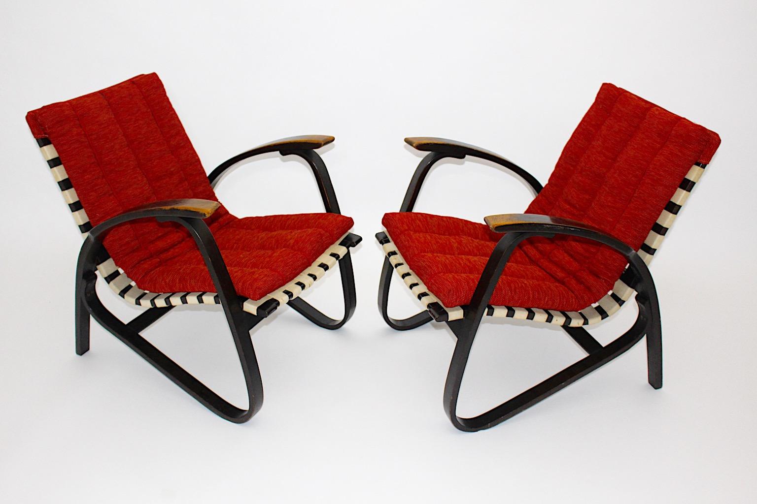 Art Deco Vintage Lounge Chairs Red Upholstery Pair Duo Jan Vanek 1940s In Good Condition For Sale In Vienna, AT