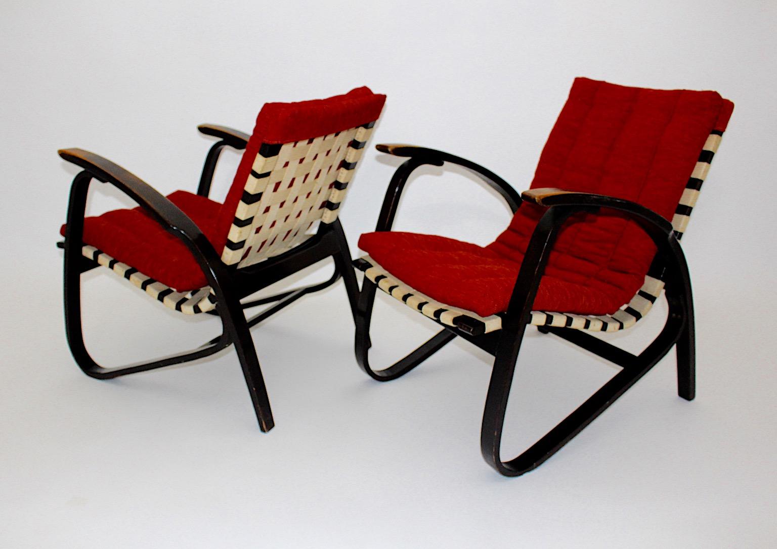 Mid-20th Century Art Deco Vintage Lounge Chairs Red Upholstery Pair Duo Jan Vanek 1940s For Sale