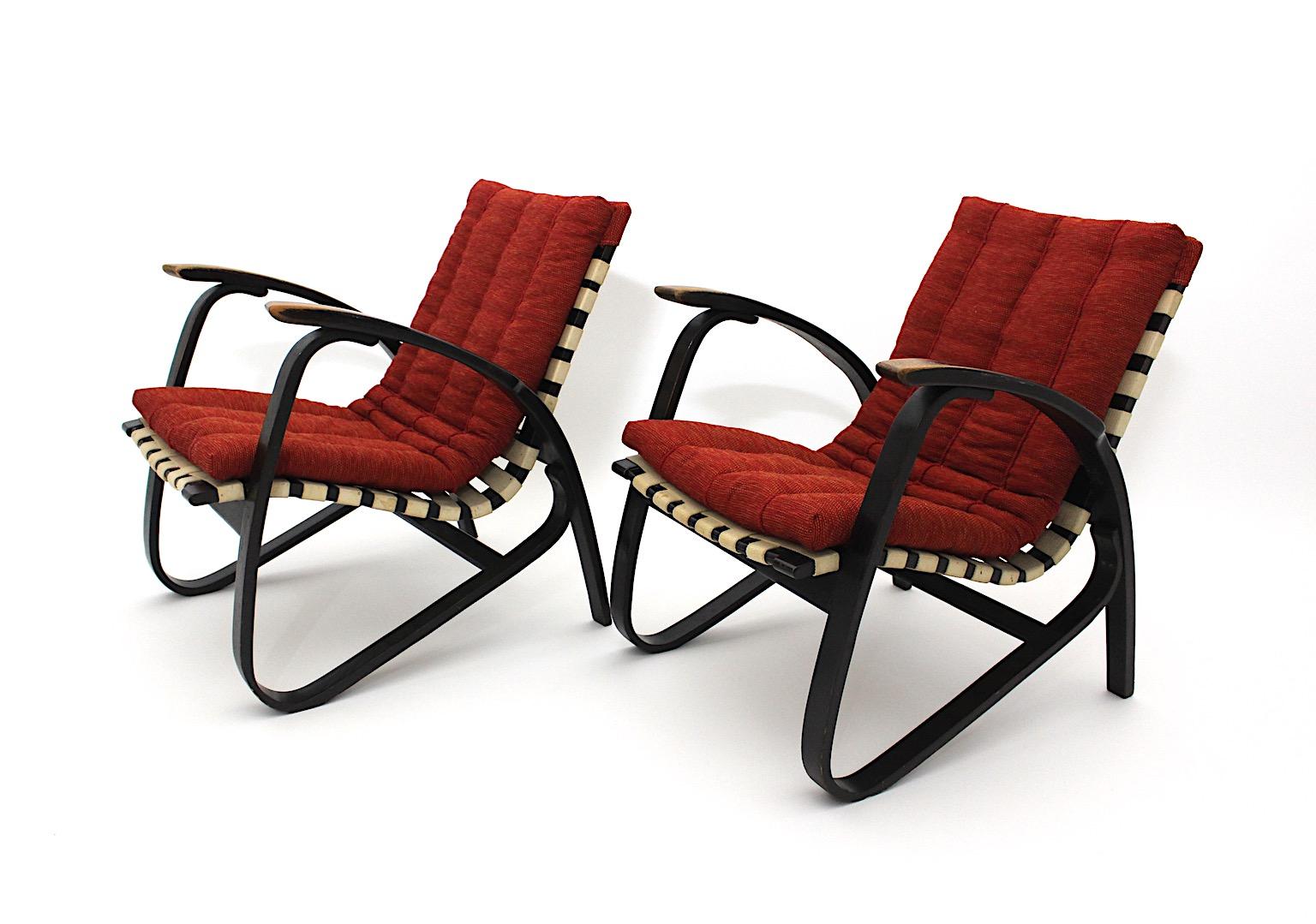 Fabric Art Deco Vintage Lounge Chairs Red Upholstery Pair Duo Jan Vanek 1940s For Sale