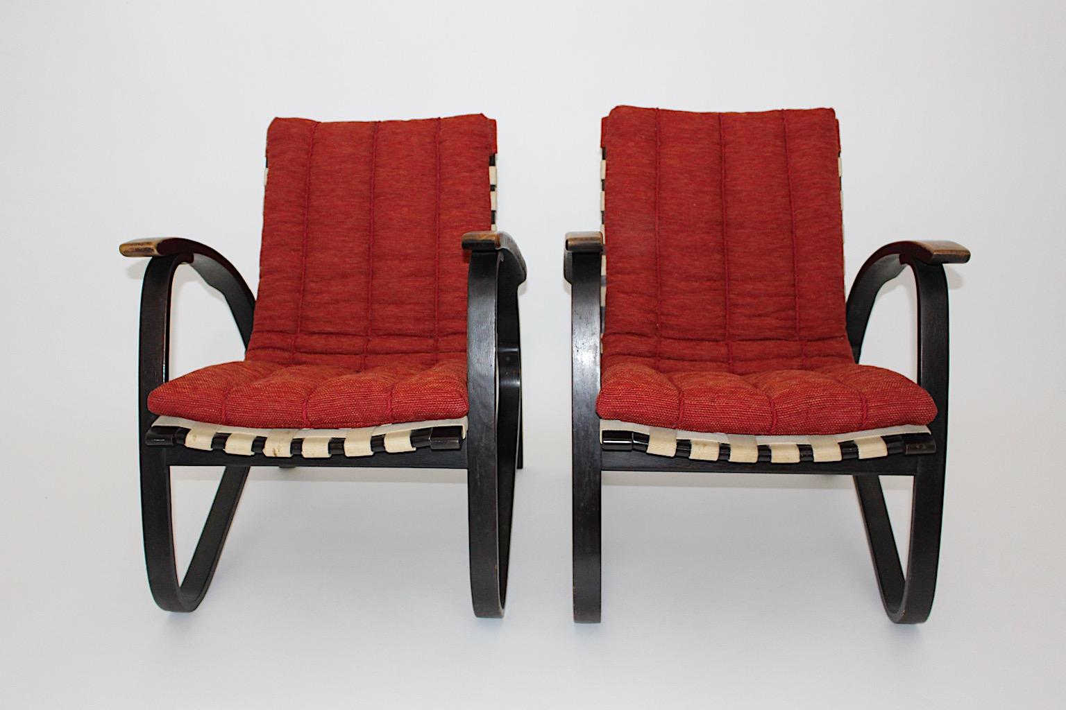 Art Deco Vintage Lounge Chairs Red Upholstery Pair Duo Jan Vanek 1940s For Sale 2