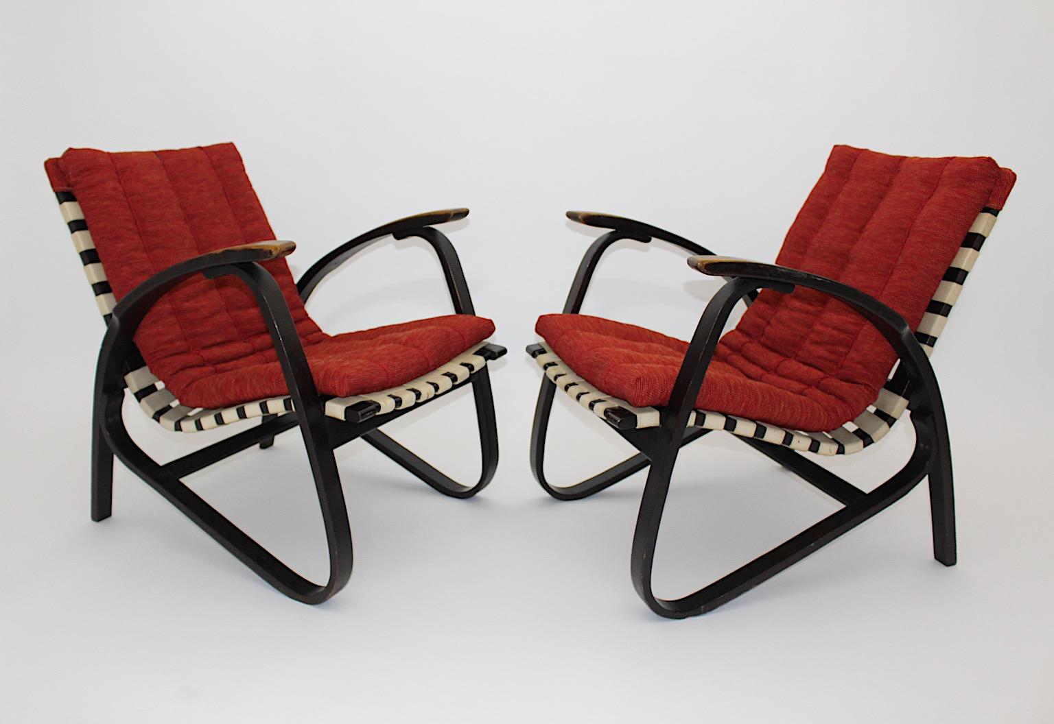 Art Deco Vintage Lounge Chairs Red Upholstery Pair Duo Jan Vanek 1940s For Sale 3