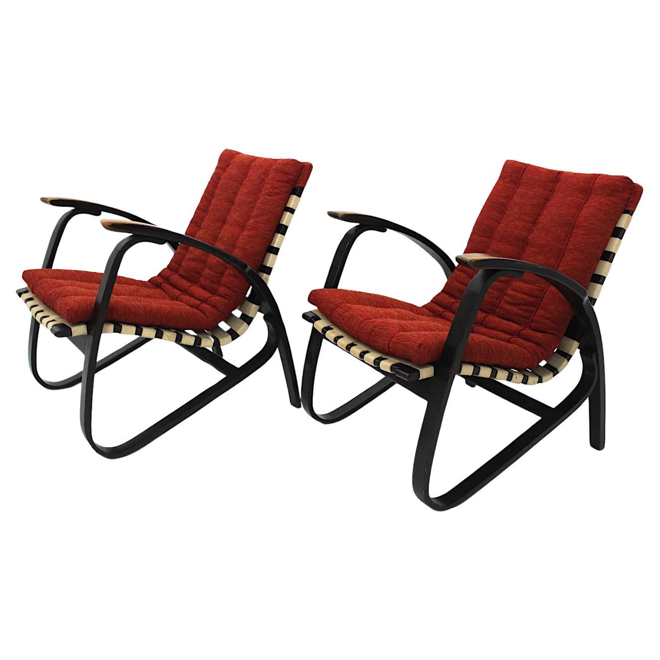 Art Deco Vintage Lounge Chairs Red Upholstery Pair Duo Jan Vanek 1940s