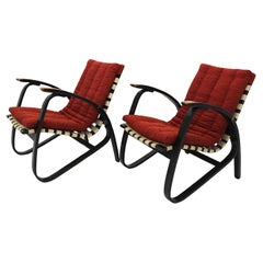 Art Deco Vintage Lounge Chairs Red Upholstery Pair Duo Jan Vanek 1940s