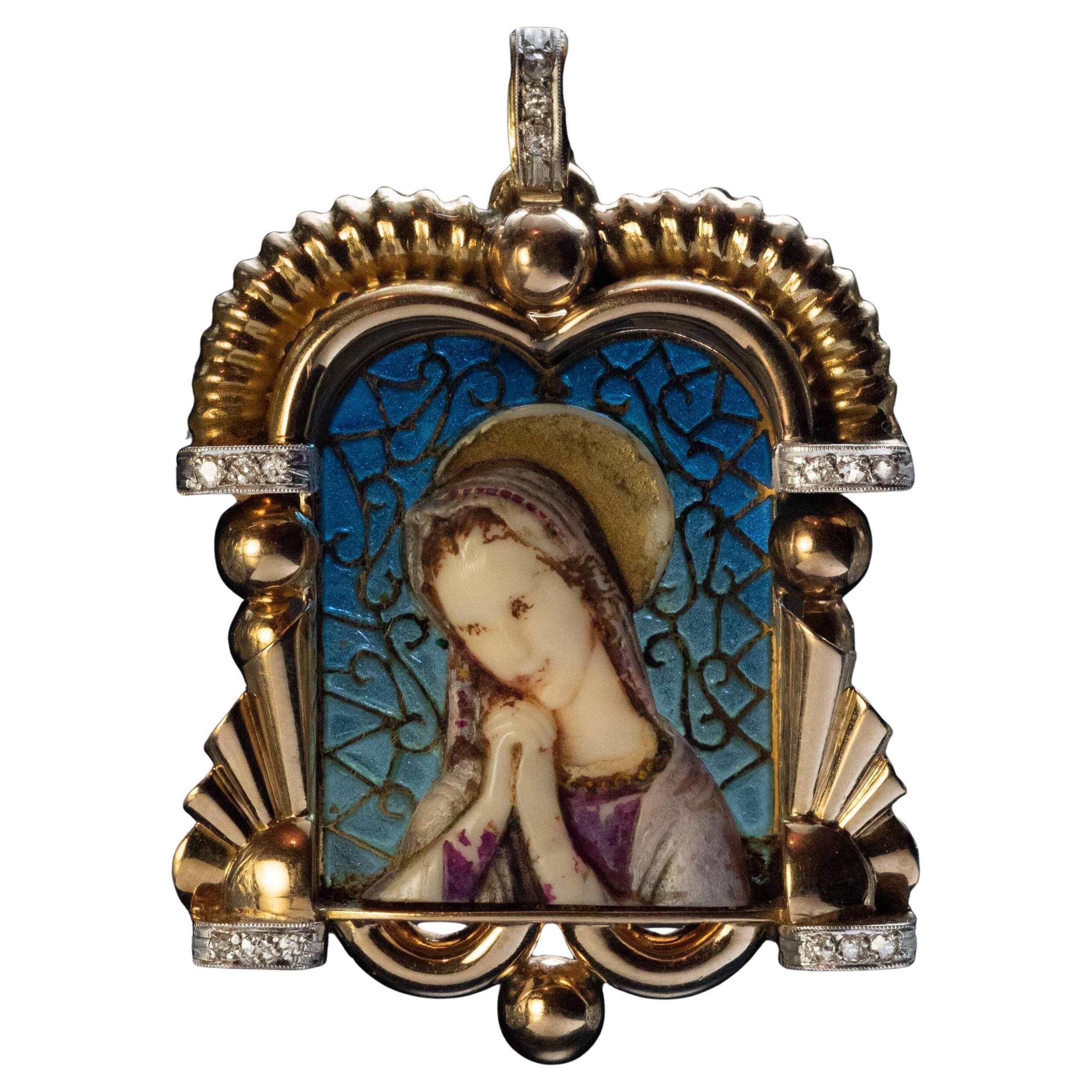 Art Deco Vintage Madonna Plique-a-Jour Enamel Pendant