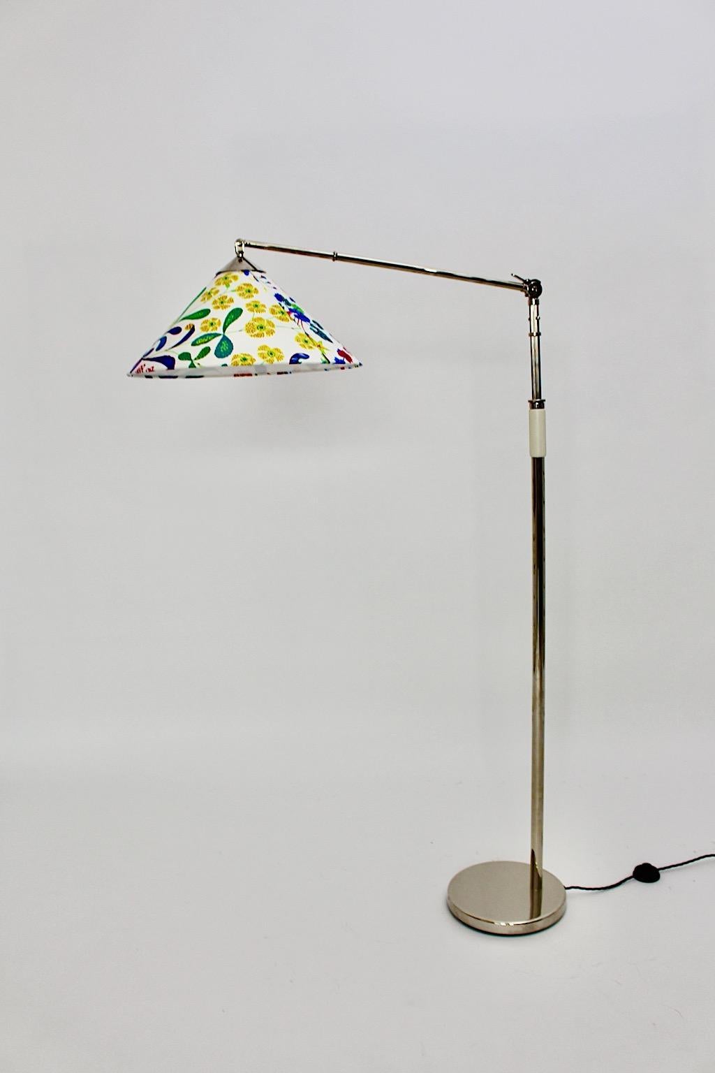 Austrian Art Deco Vintage Nickel Floor Lamp Kaspar & Sic Josef Frank Fabric Vienna, 1932 For Sale