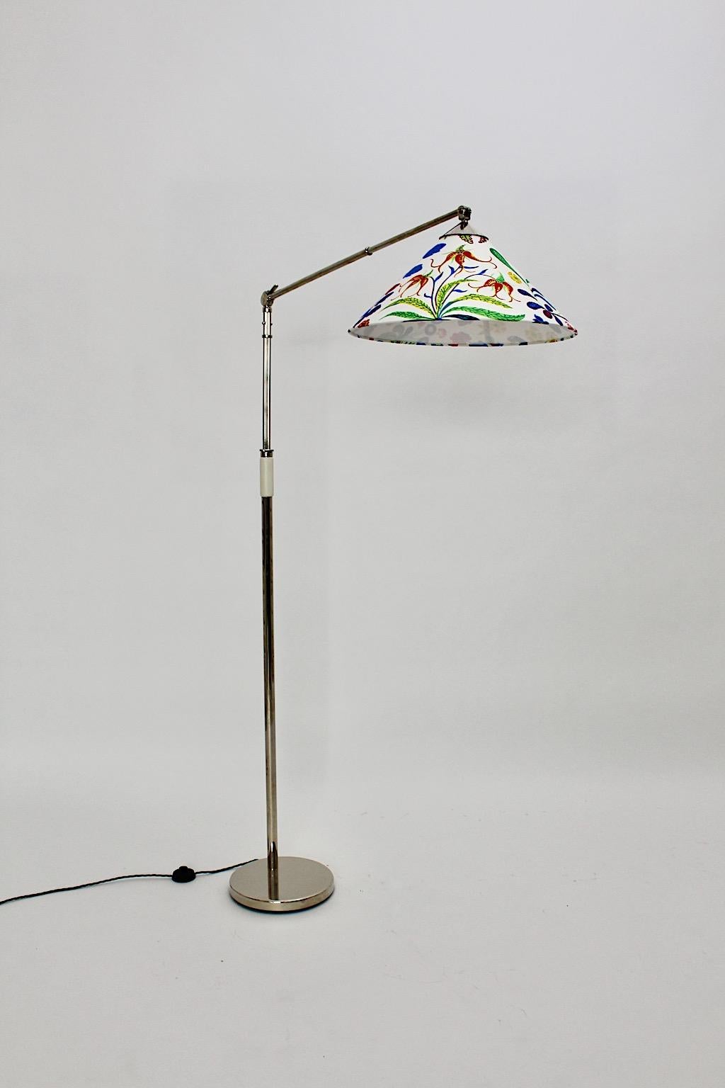 Plated Art Deco Vintage Nickel Floor Lamp Kaspar & Sic Josef Frank Fabric Vienna, 1932 For Sale