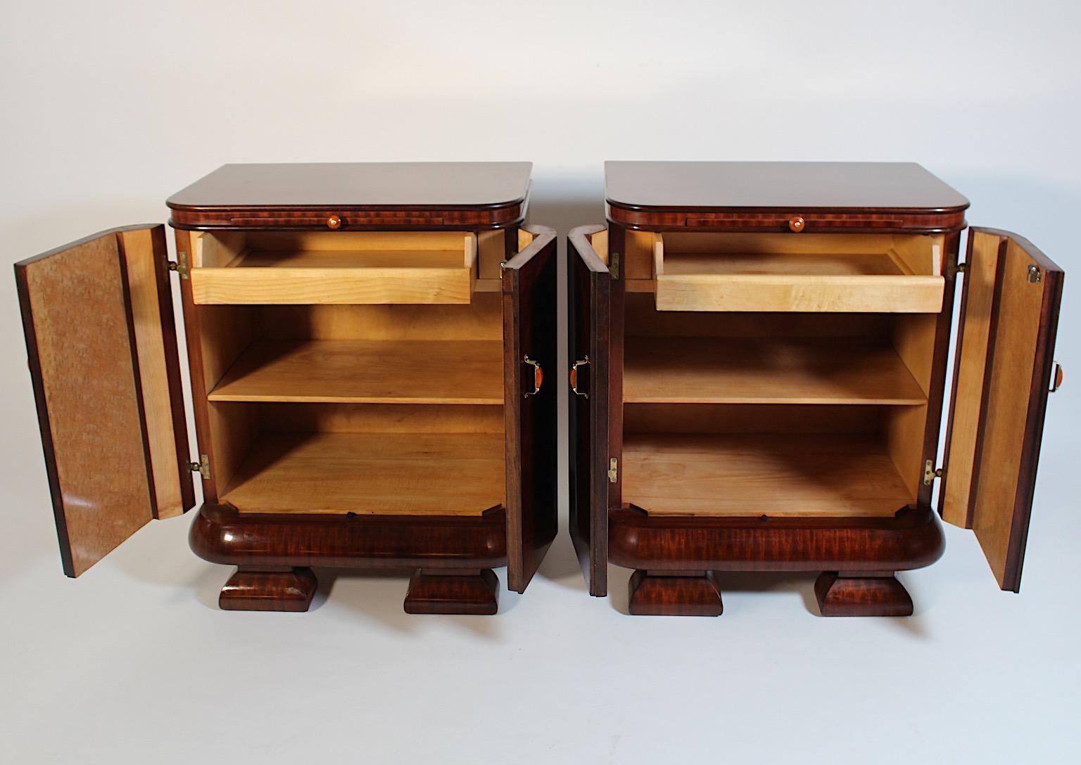 Art Deco Vintage Night Stands Pair Duo Walnut Bakelite Brass 1930s Austria For Sale 4