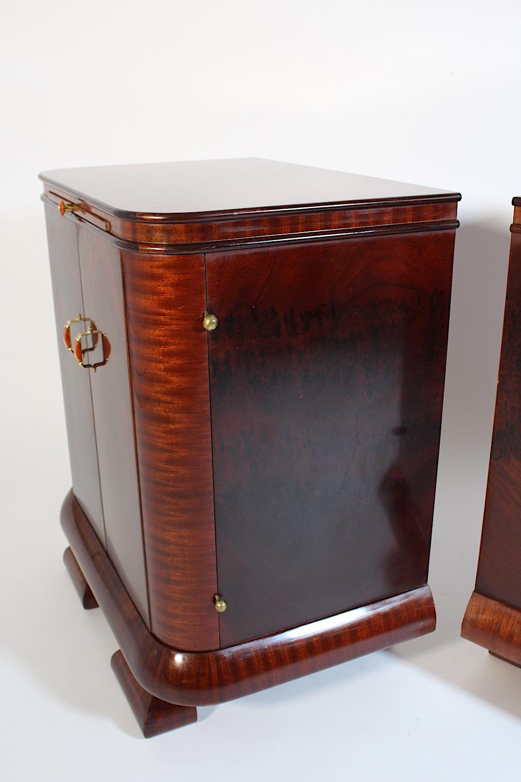 Art Deco Vintage Night Stands Pair Duo Walnut Bakelite Brass 1930s Austria For Sale 8