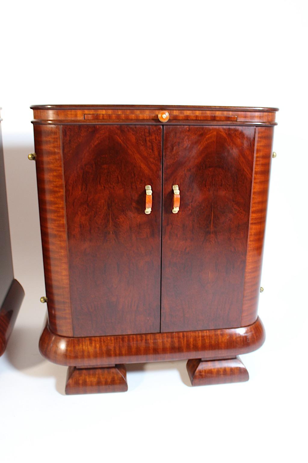 Austrian Art Deco Vintage Night Stands Pair Duo Walnut Bakelite Brass 1930s Austria For Sale