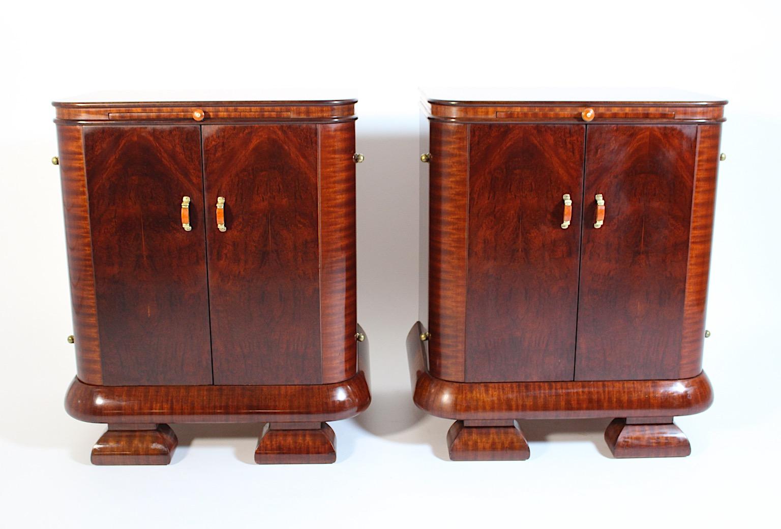 Stained Art Deco Vintage Night Stands Pair Duo Walnut Bakelite Brass 1930s Austria For Sale