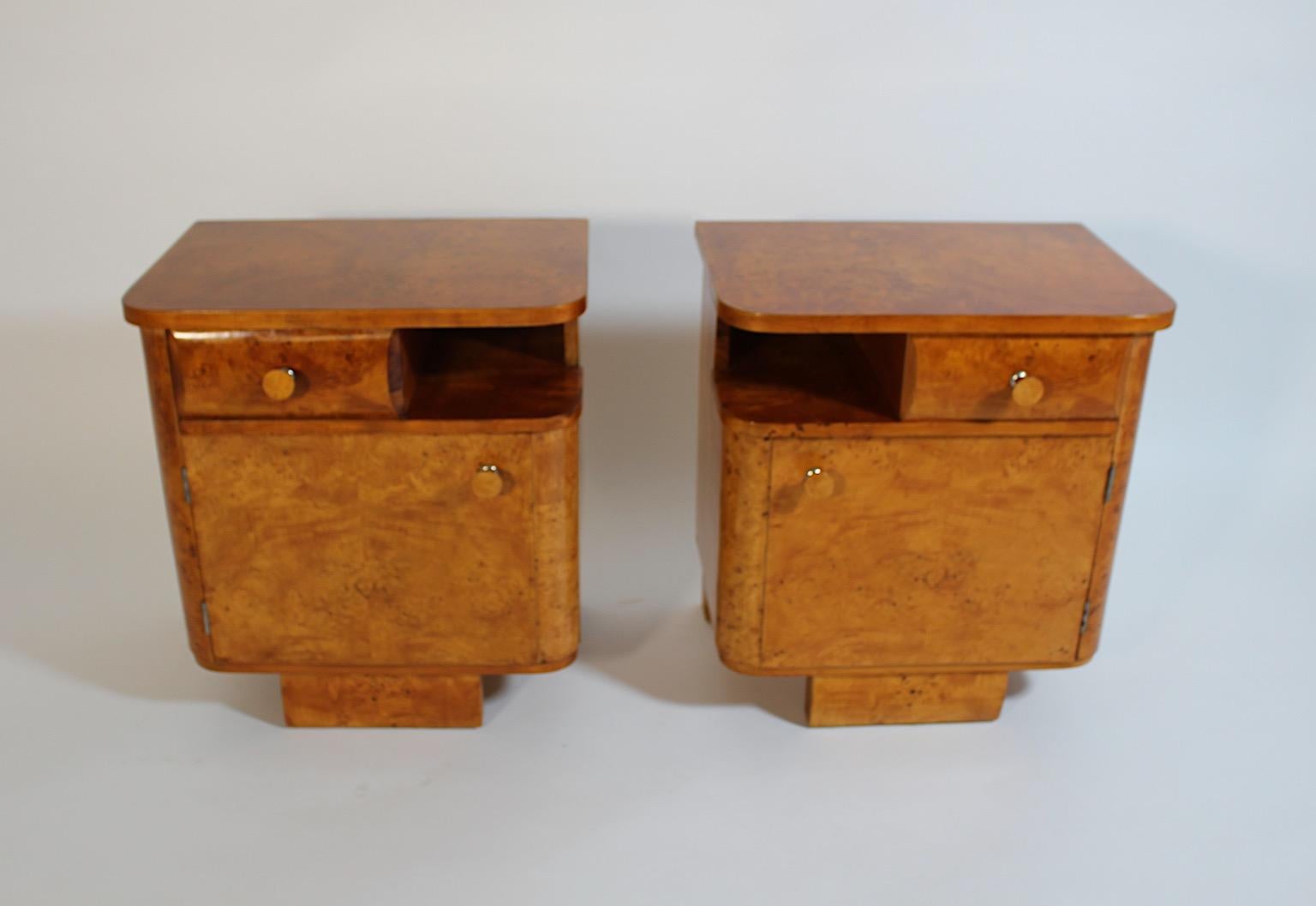 Art Deco Vintage Nachttische Paar Duo Licht Brown Pappel Root Wood 1930er Jahre Österreich 3