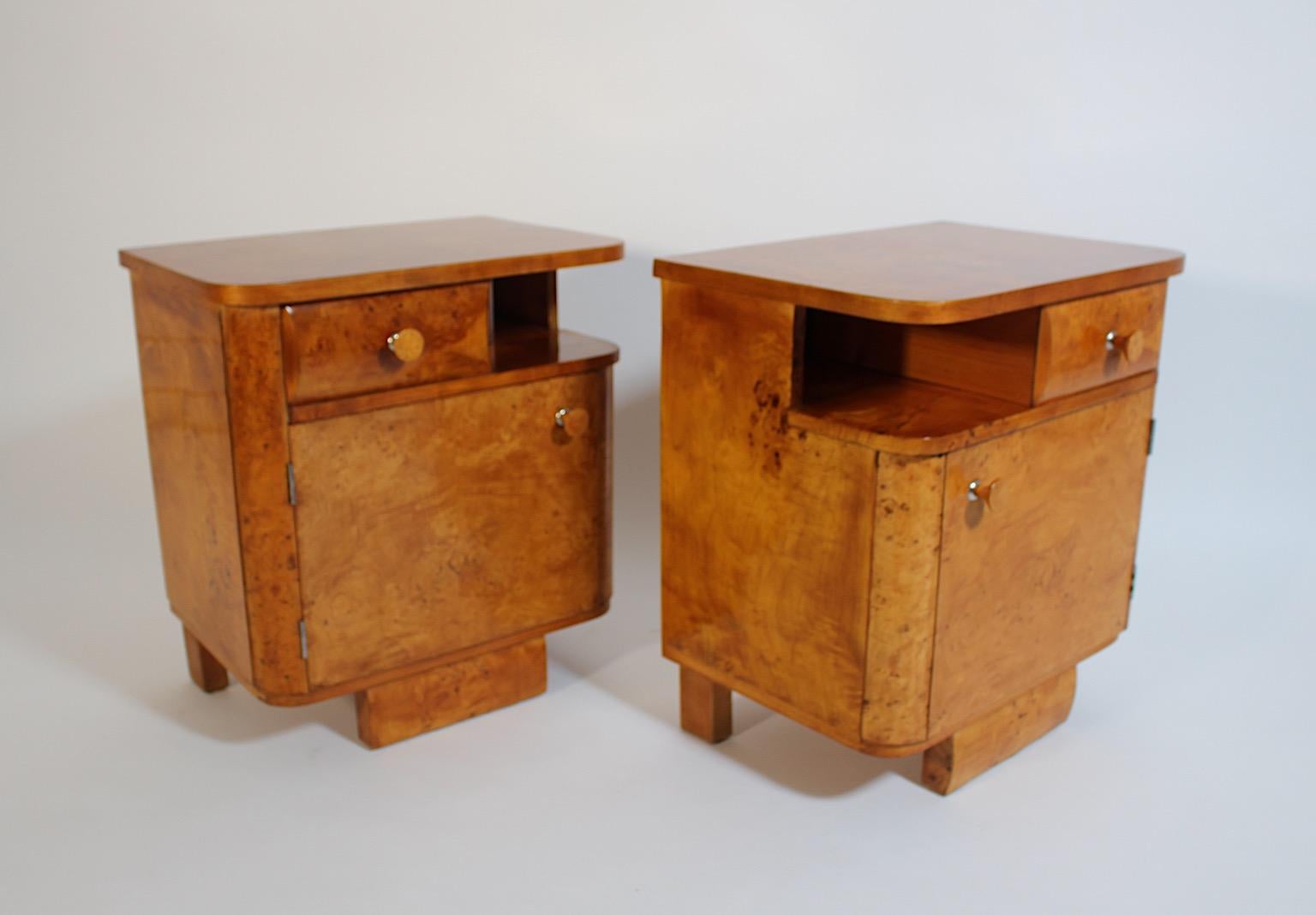 Art Deco Vintage Nachttische Paar Duo Licht Brown Pappel Root Wood 1930er Jahre Österreich 6