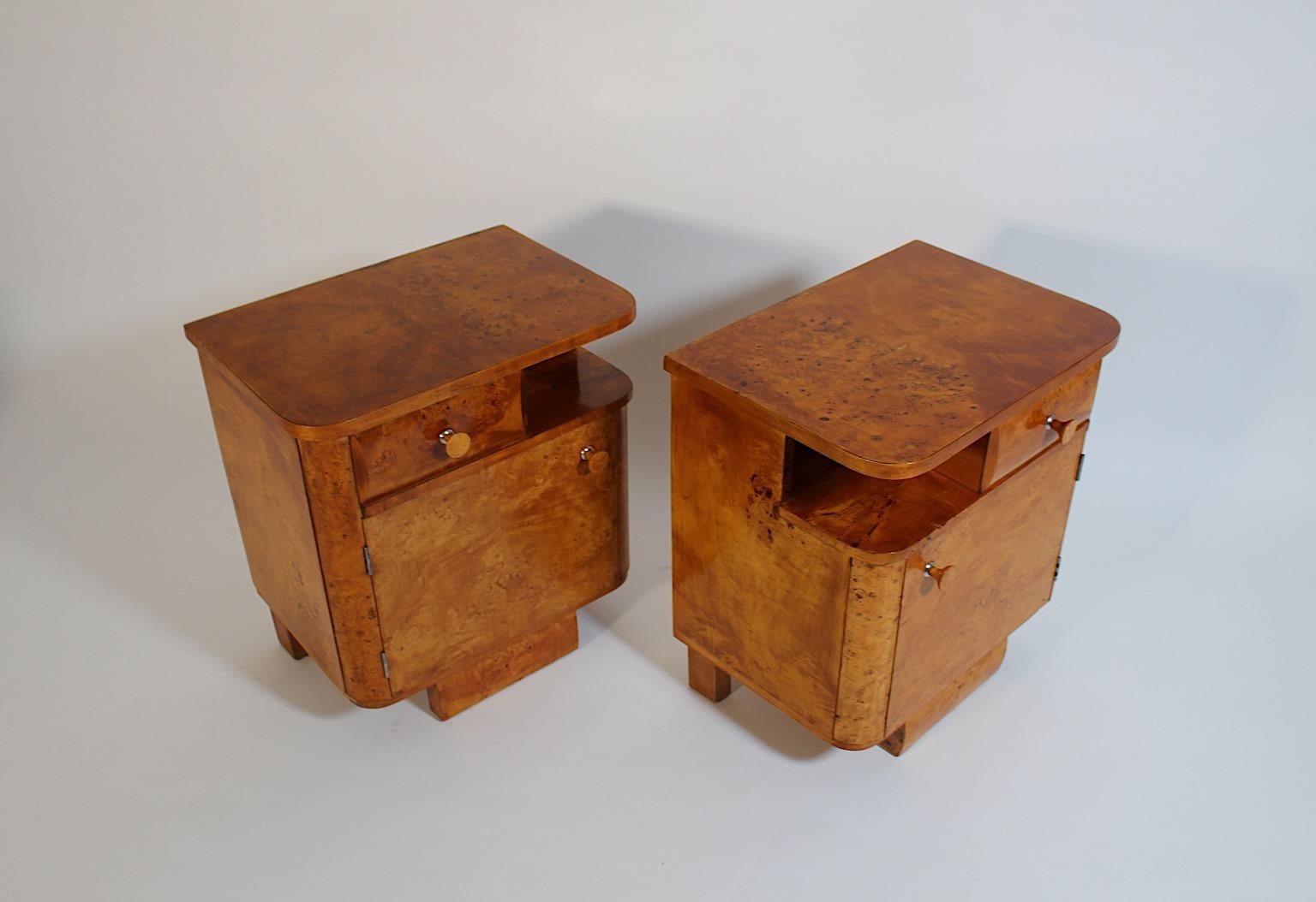 Art Deco Vintage Nachttische Paar Duo Licht Brown Pappel Root Wood 1930er Jahre Österreich 7