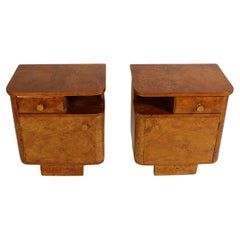 Art Deco Vintage Nightstands Pair Duo Light Brown Poplar Root Wood 1930s Austria