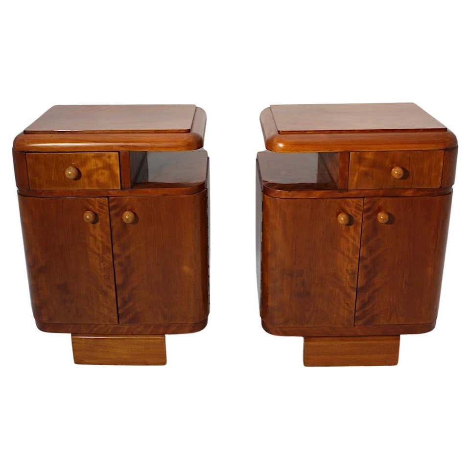 Art Deco Vintage Walnut Black Glass Brass Nightstands Duo Pair 1930s ...