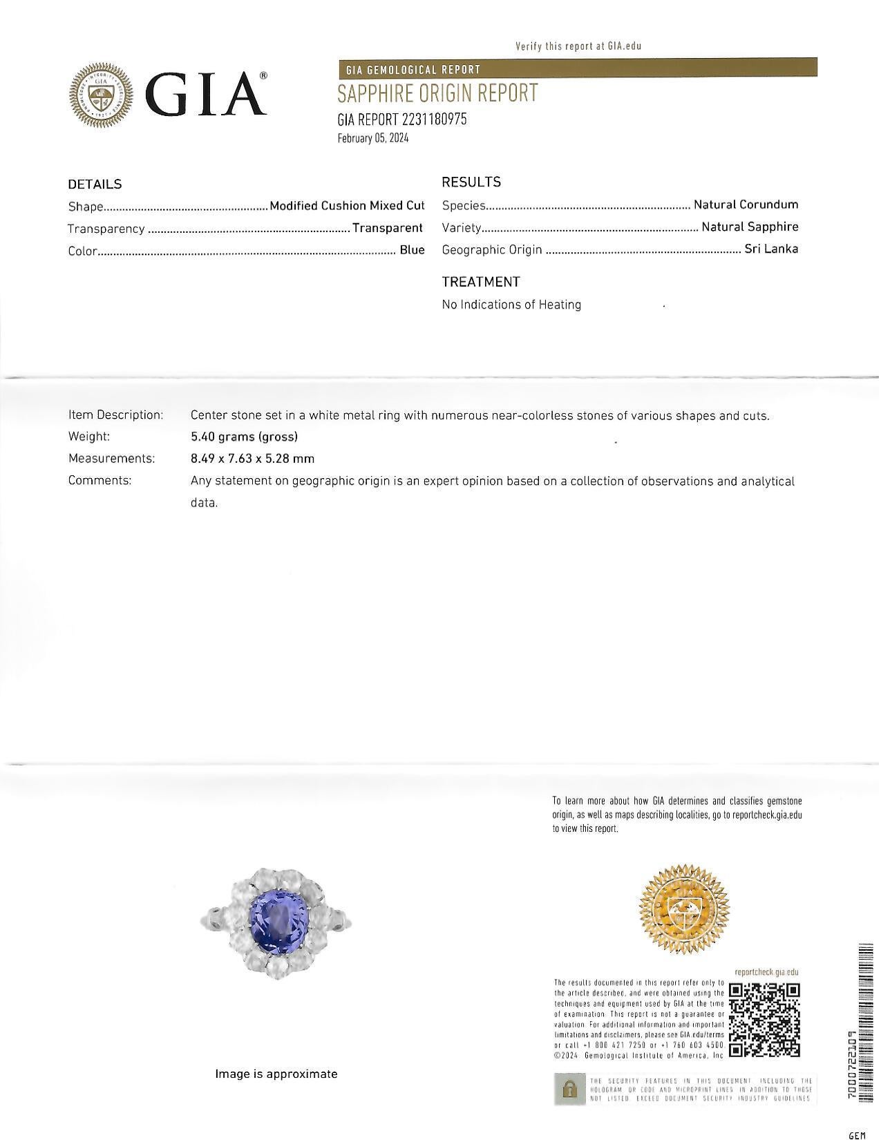 Art Deco Vintage No Heat Ceylon Sapphire Diamond Platinum Pear Halo Ring GIA For Sale 5