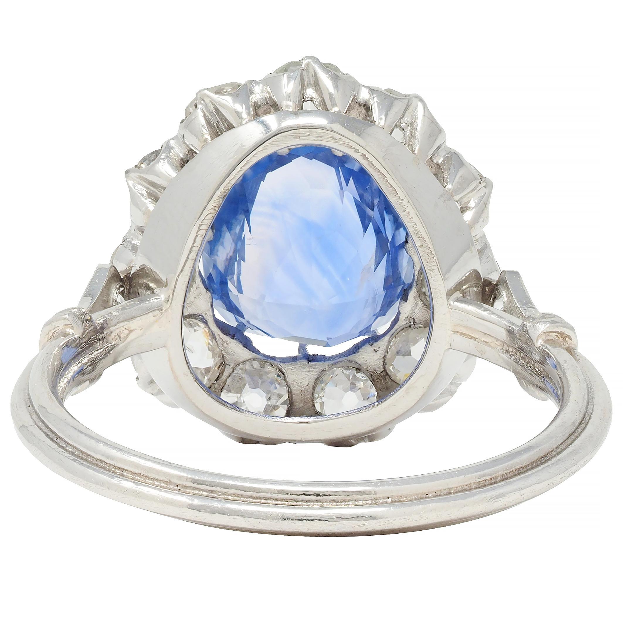 Pear Cut Art Deco Vintage No Heat Ceylon Sapphire Diamond Platinum Pear Halo Ring GIA For Sale