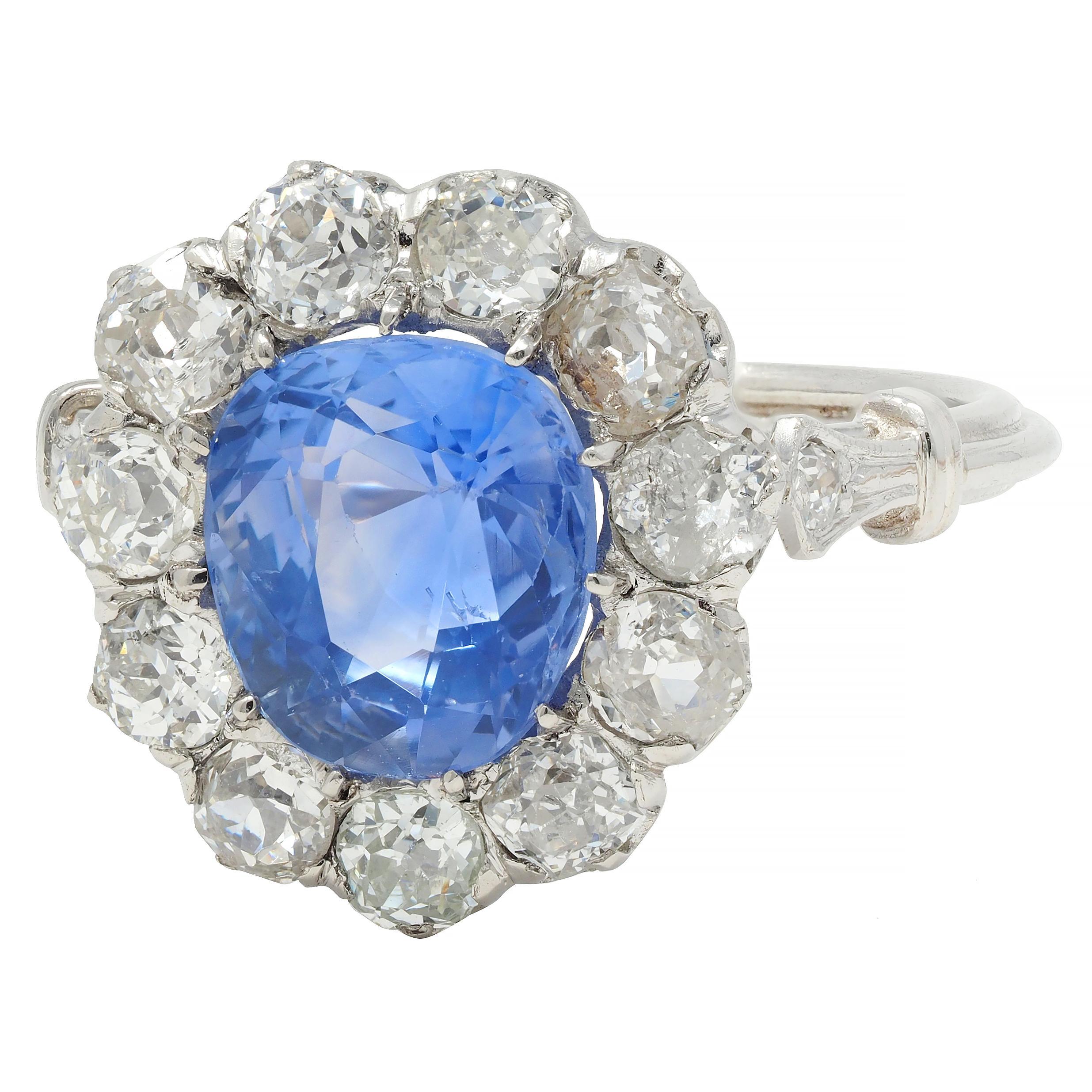 Women's or Men's Art Deco Vintage No Heat Ceylon Sapphire Diamond Platinum Pear Halo Ring GIA For Sale