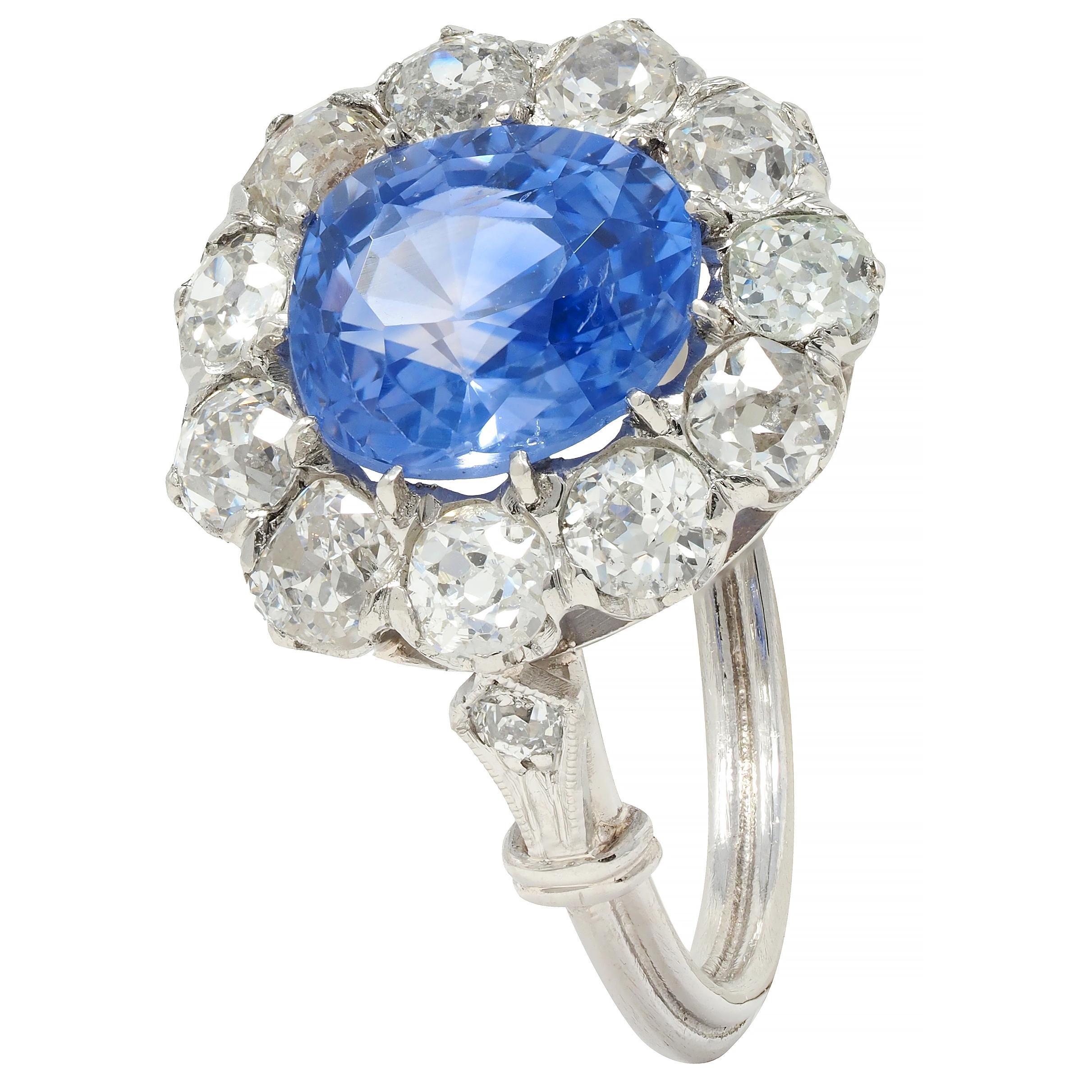 Art Deco Vintage unbehandelter Ceylon Saphir Diamant Platin Birnen Halo Ring GIA im Angebot 1