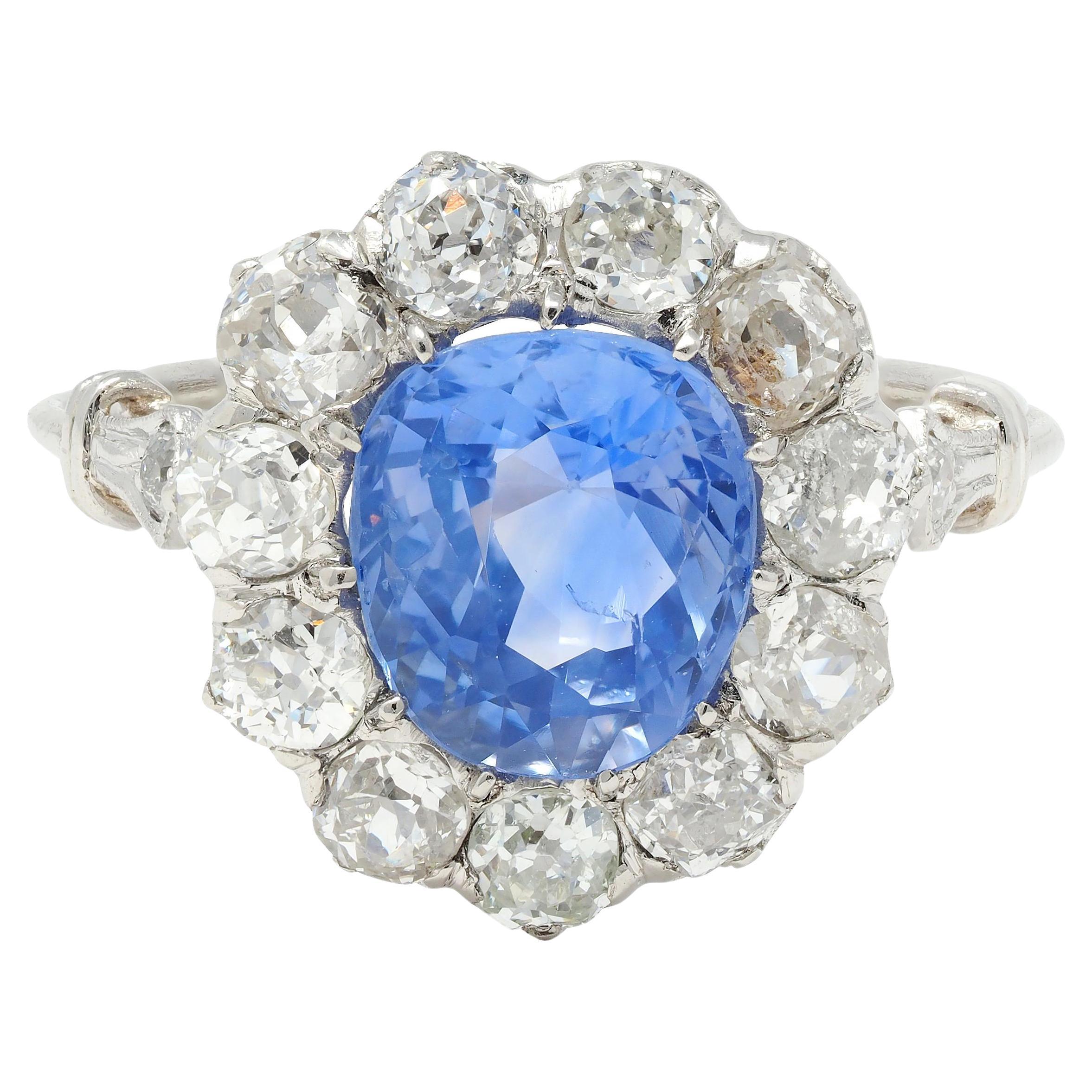 Art Deco Vintage unbehandelter Ceylon Saphir Diamant Platin Birnen Halo Ring GIA im Angebot