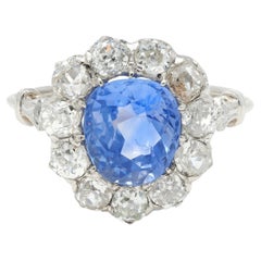 Art Deco Vintage unbehandelter Ceylon Saphir Diamant Platin Birnen Halo Ring GIA