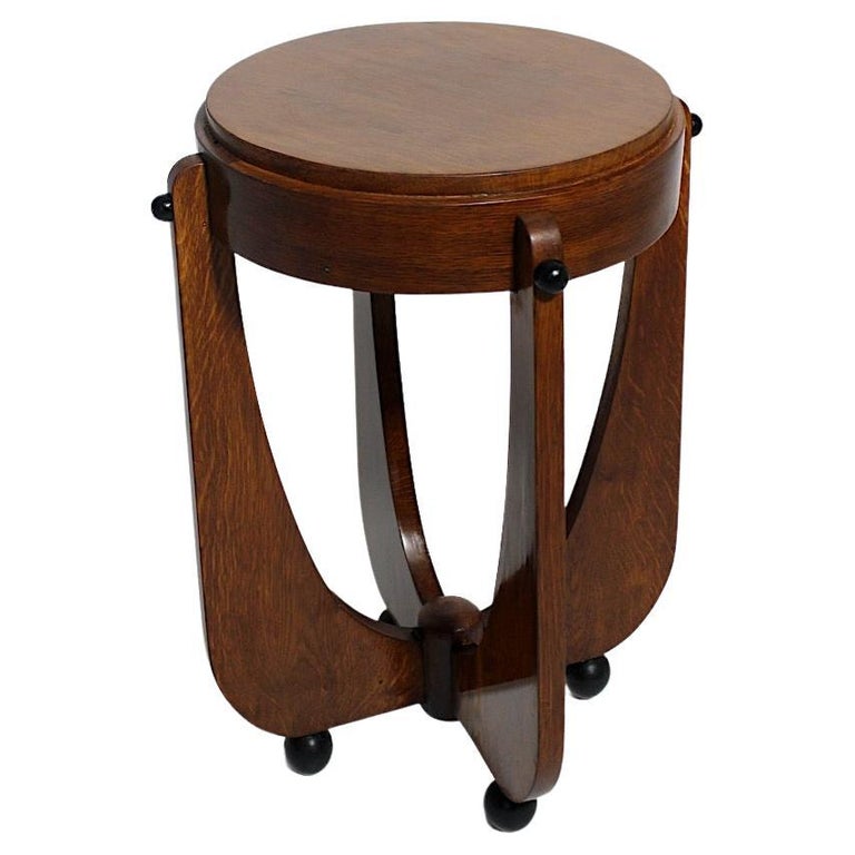 Art Deco Vintage Oak Brown Black Side Table or Stool circa 1920 Vienna