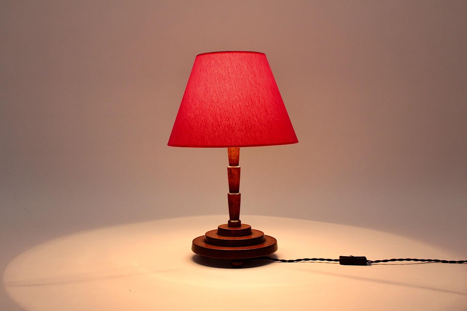 Austrian Art Deco Vintage Oak Geometric Table Lamp Berries Lamp Shade, 1930s Austria For Sale