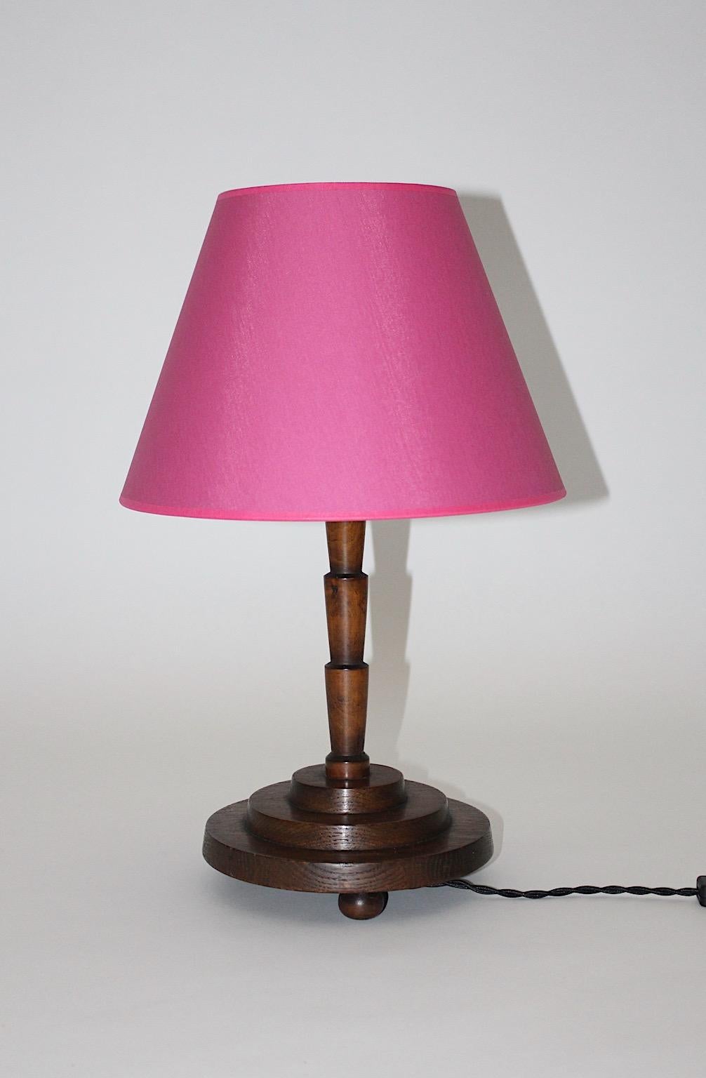 Mid-20th Century Art Deco Vintage Oak Geometric like Table Lamp Berries Lamp Shade, 1930s Austria For Sale