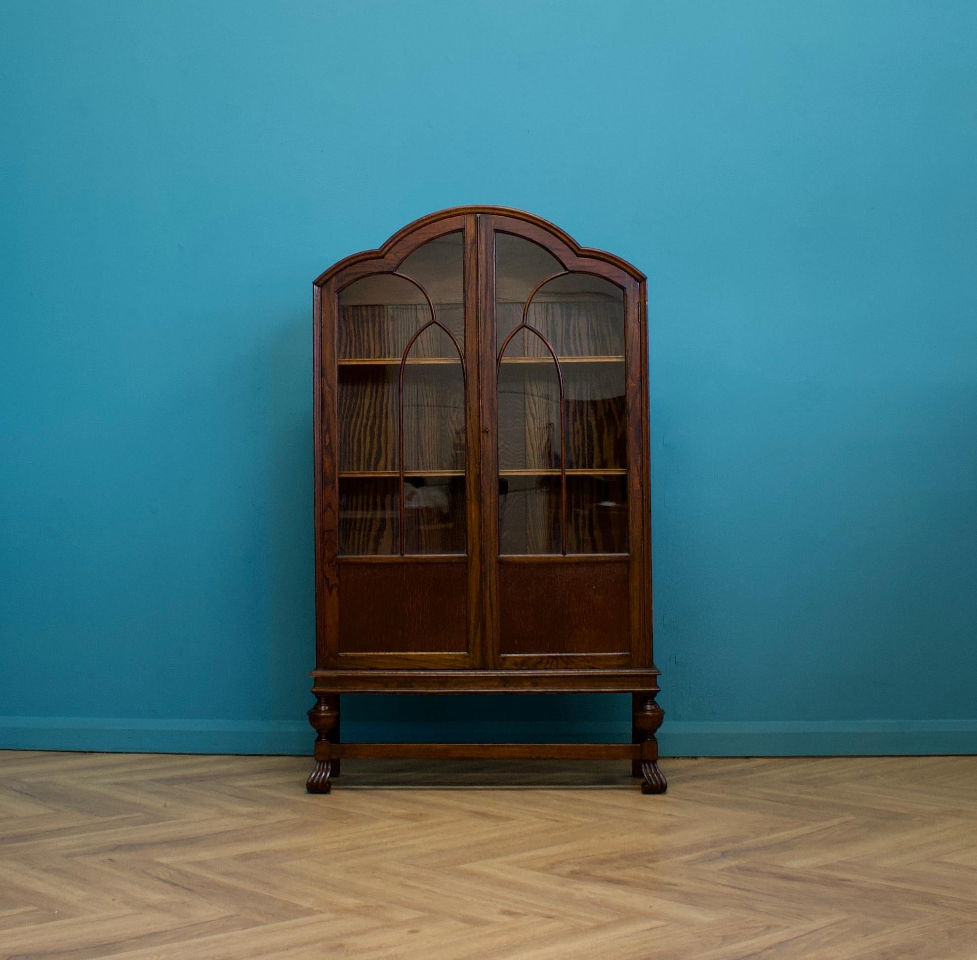 Edwardian Art Deco Vintage Oak Glazed Display Cabinet Bookcase, 1930s