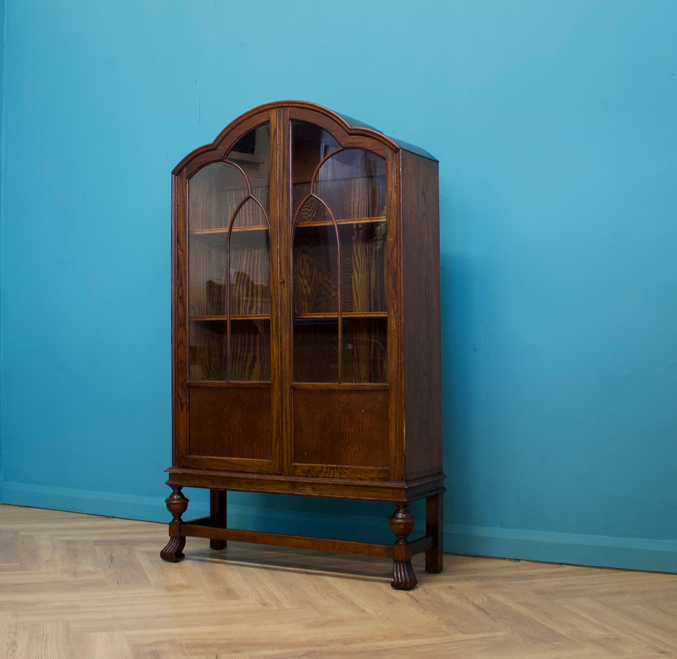 British Art Deco Vintage Oak Glazed Display Cabinet Bookcase, 1930s