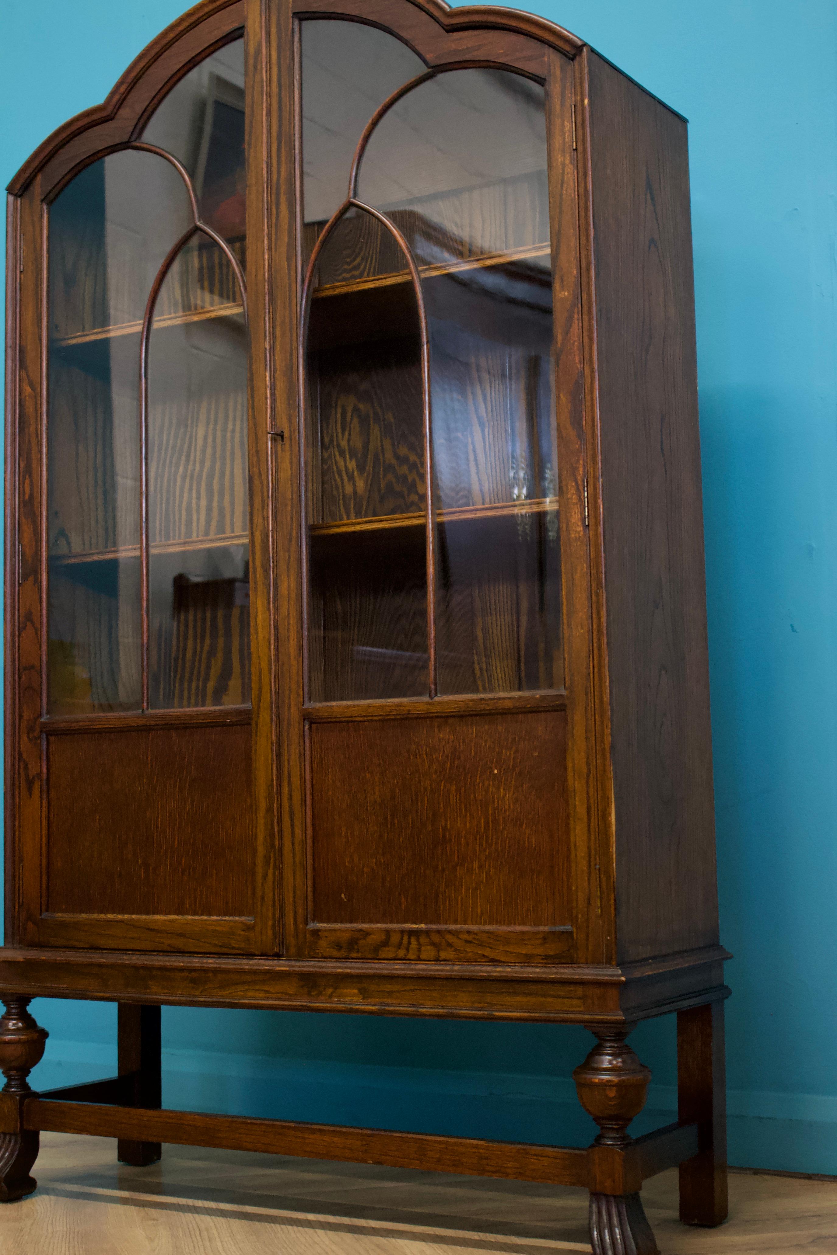 Woodwork Art Deco Vintage Oak Glazed Display Cabinet Bookcase, 1930s