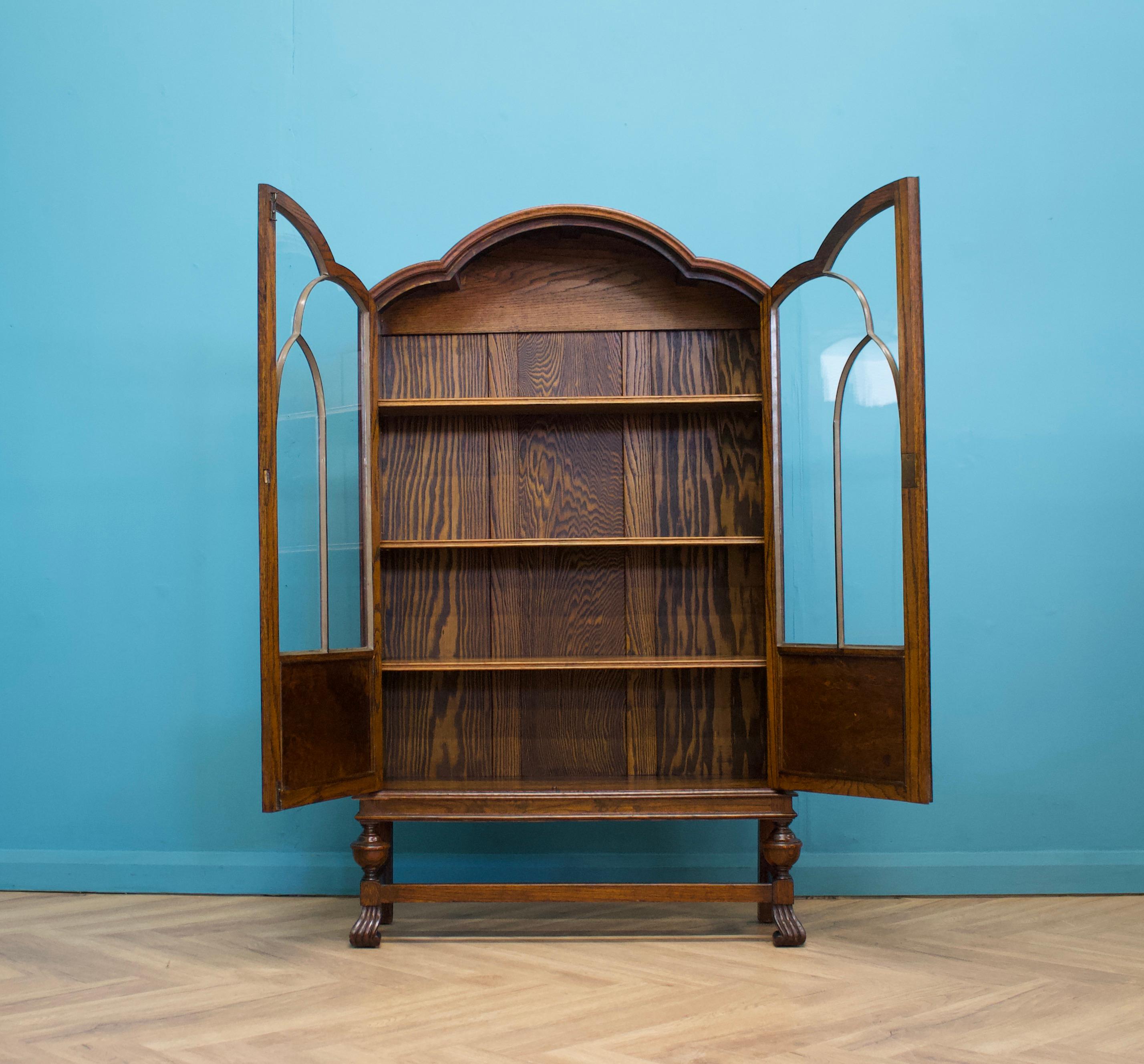 Art Deco Vintage Oak Glazed Display Cabinet Bookcase, 1930s In Good Condition In South Shields, GB