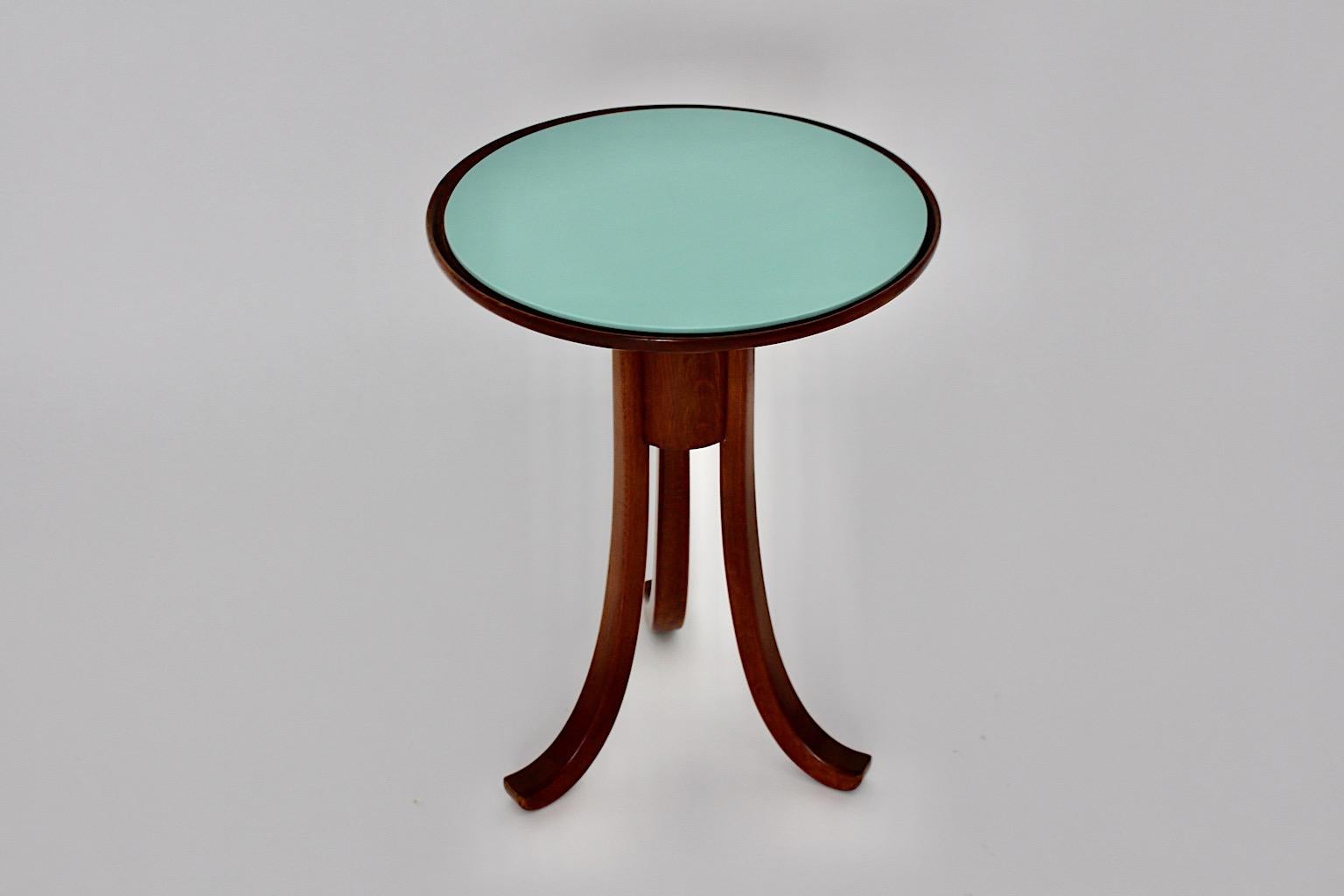 Austrian Art Deco Vintage Oak Green Glass Side Table attributed Josef Frank, 1930s Vienna For Sale