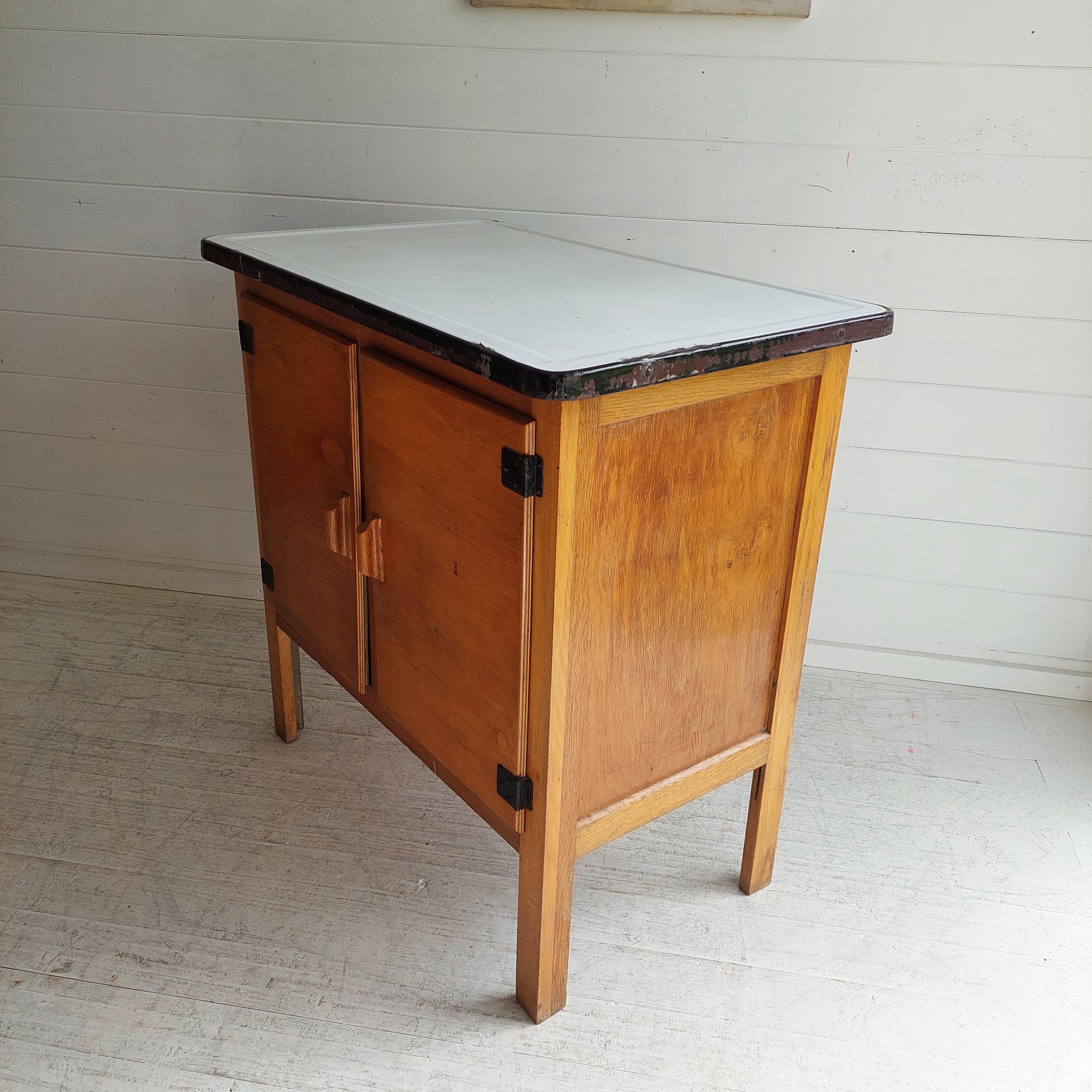 Art Deco Vintage Oak Kitchen Cupboard cabinet with Original White Enamel Top 30s 2