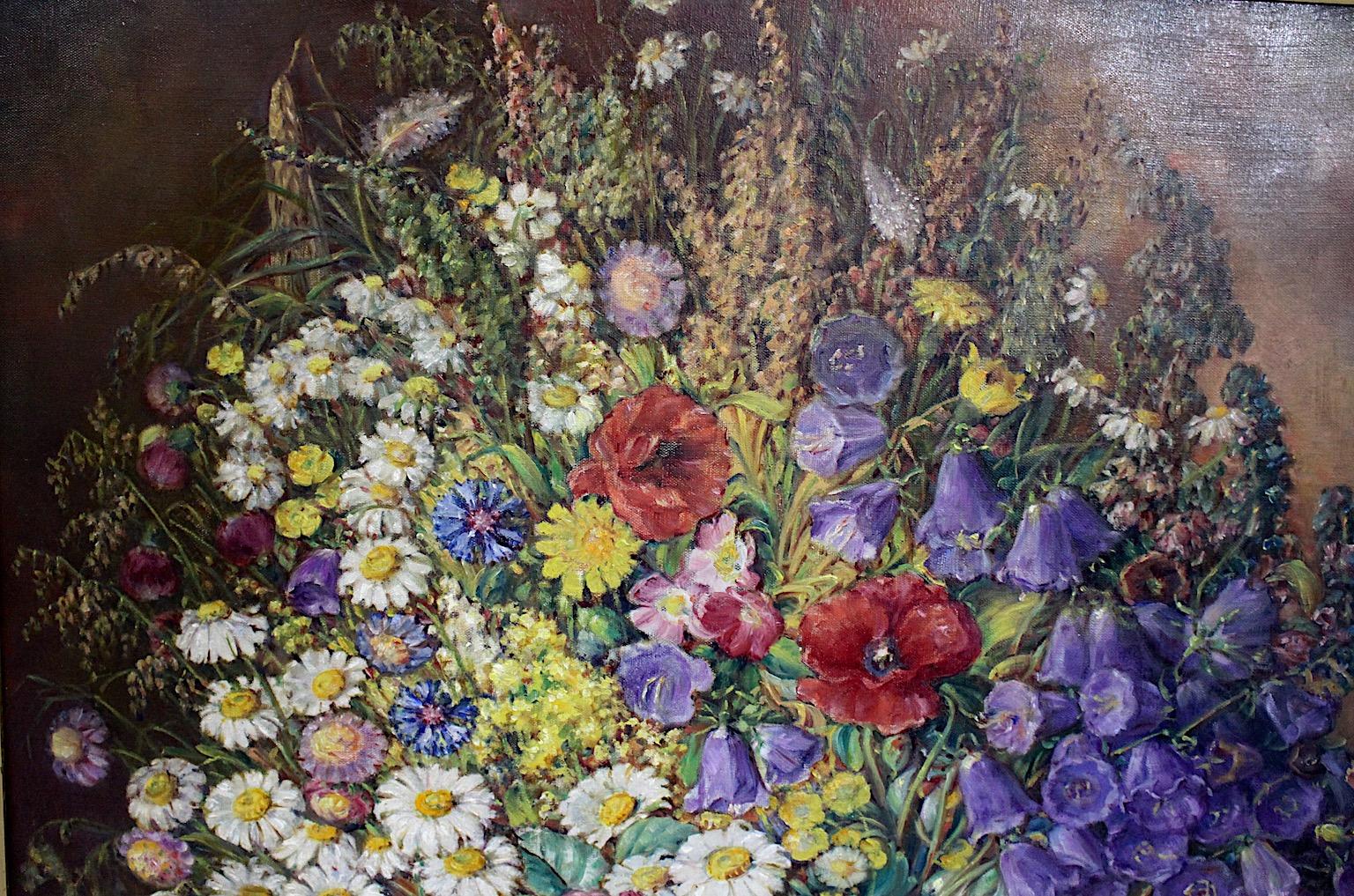 Art Deco authentic vintage painting motif huge field flower bunch in a vessel by Emil Fiala 1933, Vienna,.
A stunning painting by Emil Fiala created 1933 Vienna with a charming motif in huge size showing a Field Flower Bunch in a vessel.
This
