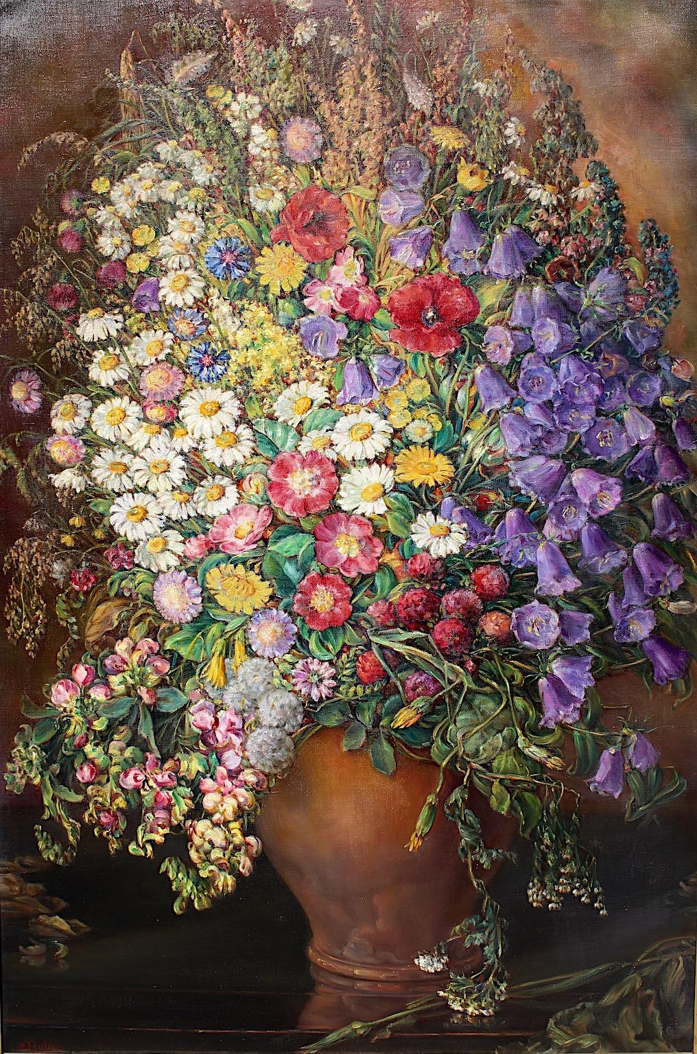 Art Deco Vintage Oil on Canvas Painting Huge Field Flower Emil Fiala 1933 Vienna For Sale 1