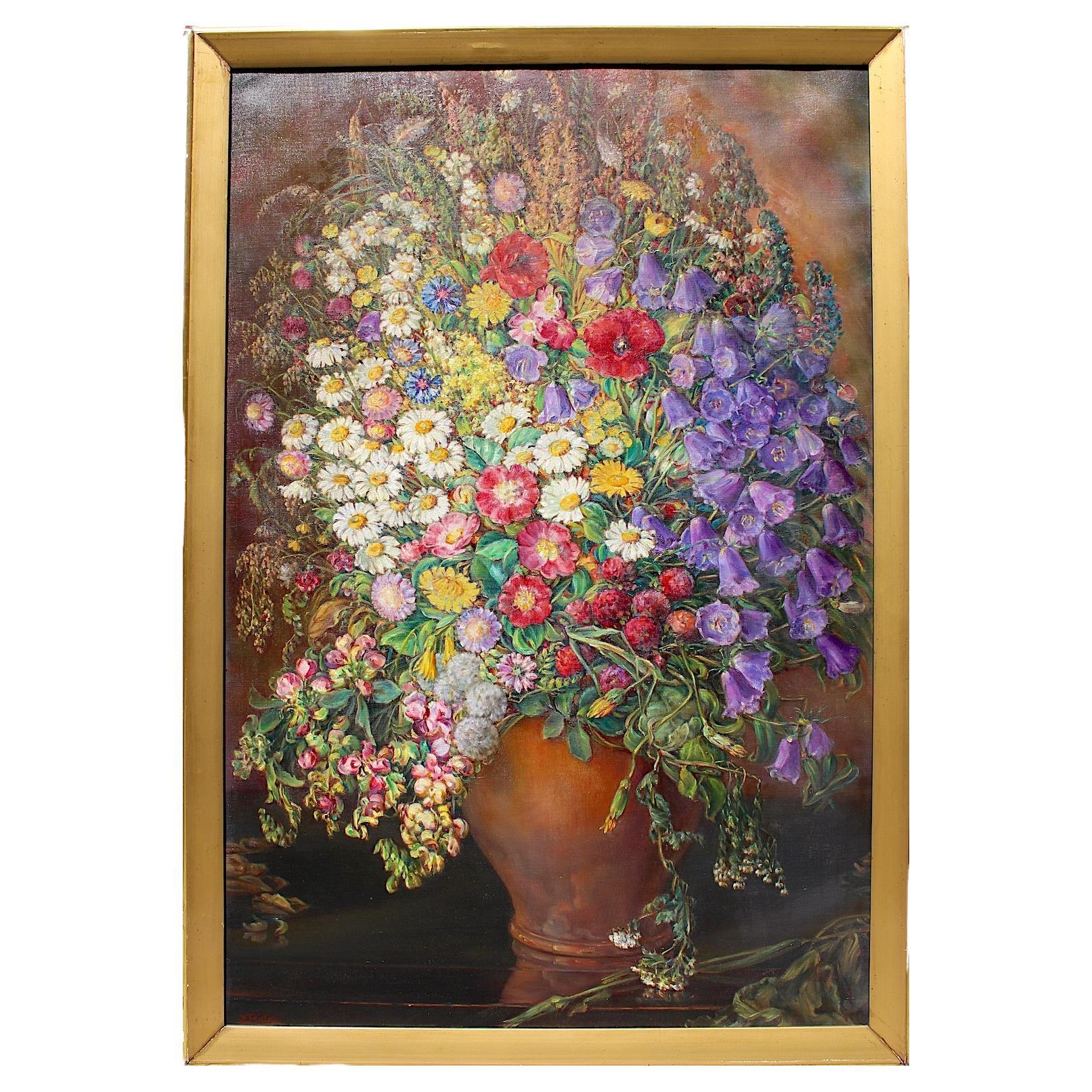 Art Deco Vintage Oil on Canvas Painting Huge Field Flower Emil Fiala 1933 Vienna For Sale