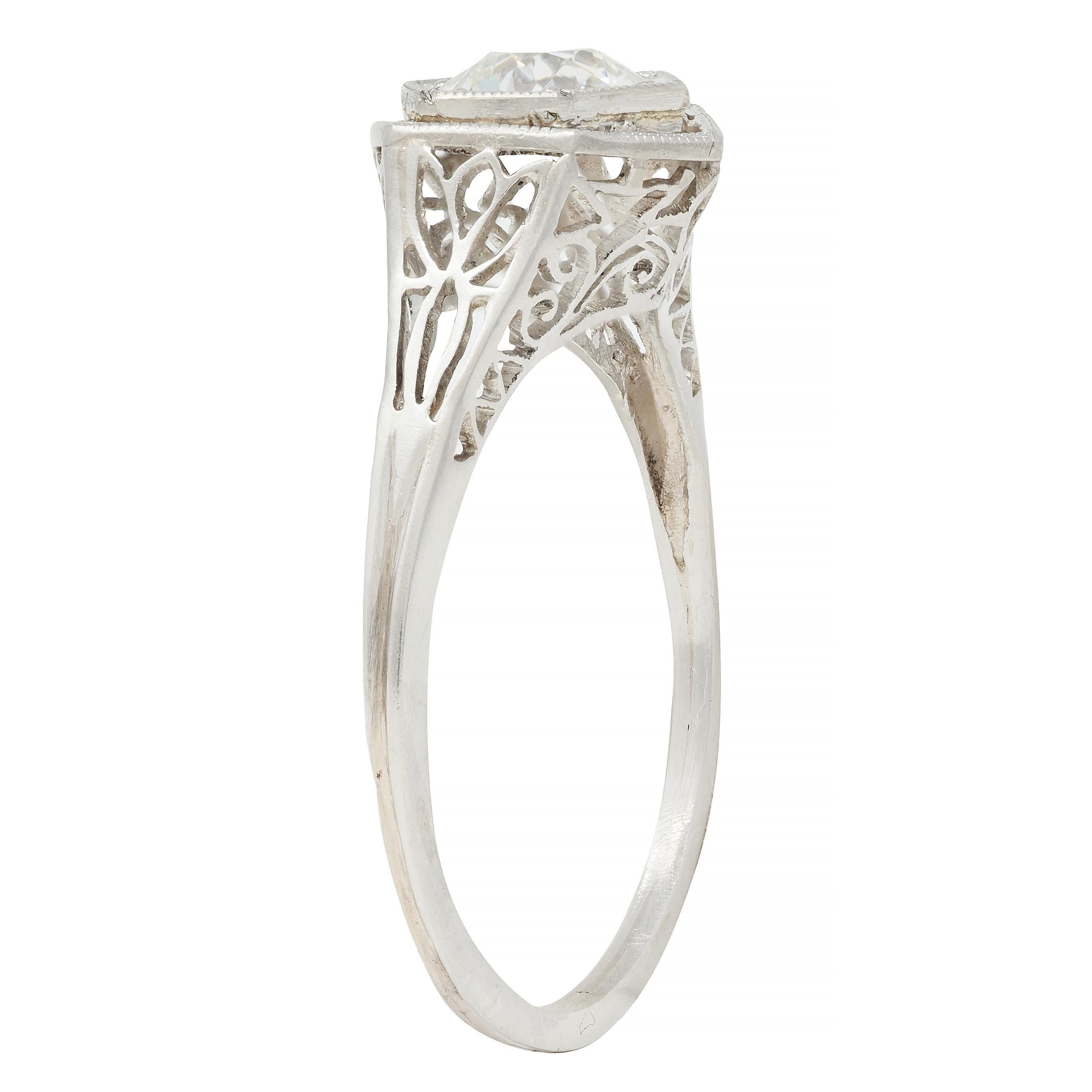 Art Deco Vintage Old European Diamond Platinum Scrolling Lotus Engagement Ring For Sale 5