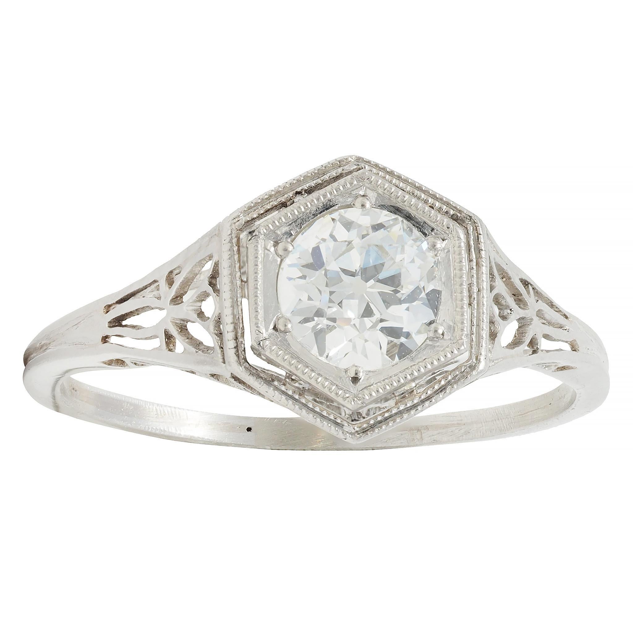 Art Deco Vintage Old European Diamond Platinum Scrolling Lotus Verlobungsring im Angebot 5