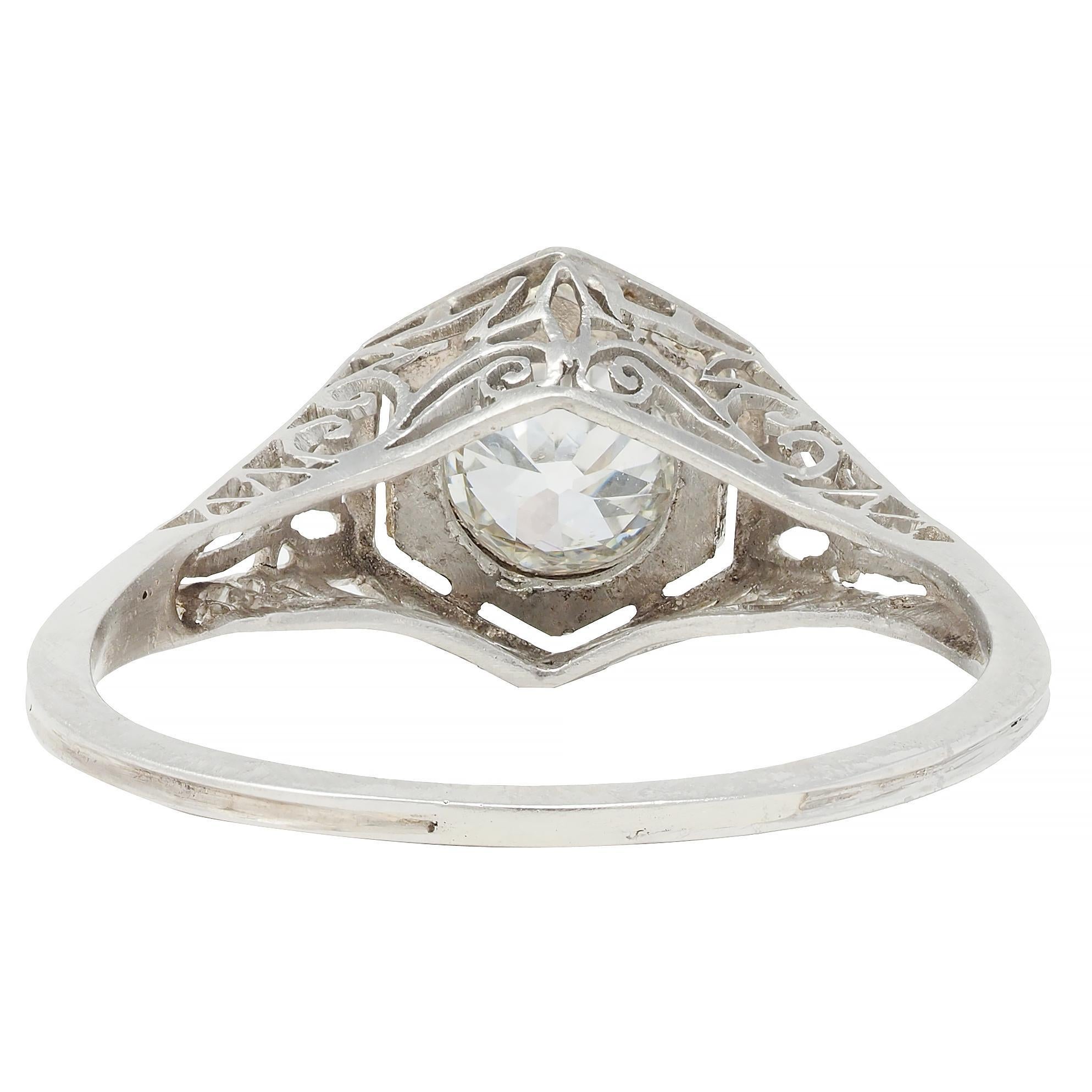 Art Deco Vintage Old European Diamond Platinum Scrolling Lotus Engagement Ring In Excellent Condition For Sale In Philadelphia, PA