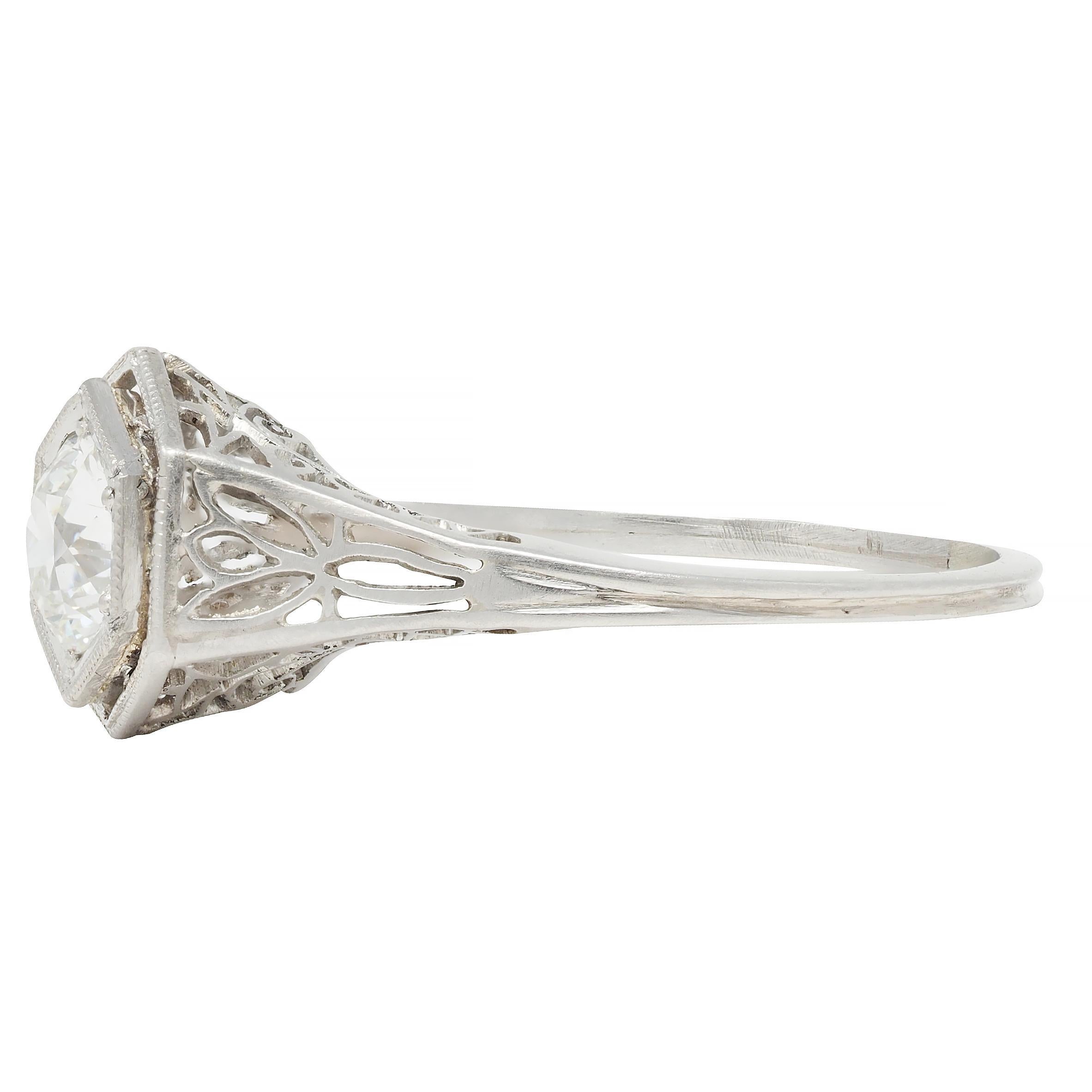 Women's or Men's Art Deco Vintage Old European Diamond Platinum Scrolling Lotus Engagement Ring For Sale