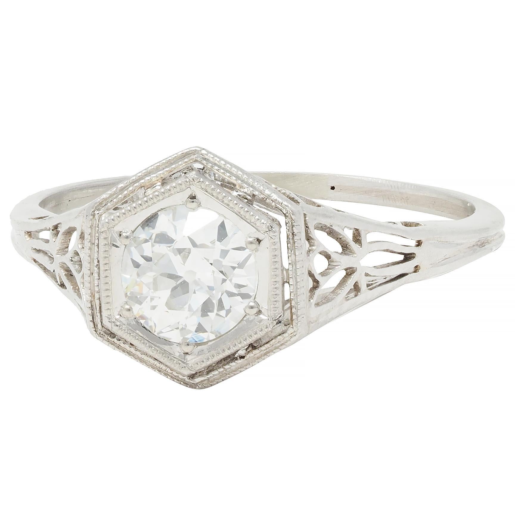 Art Deco Vintage Old European Diamond Platinum Scrolling Lotus Engagement Ring For Sale 1