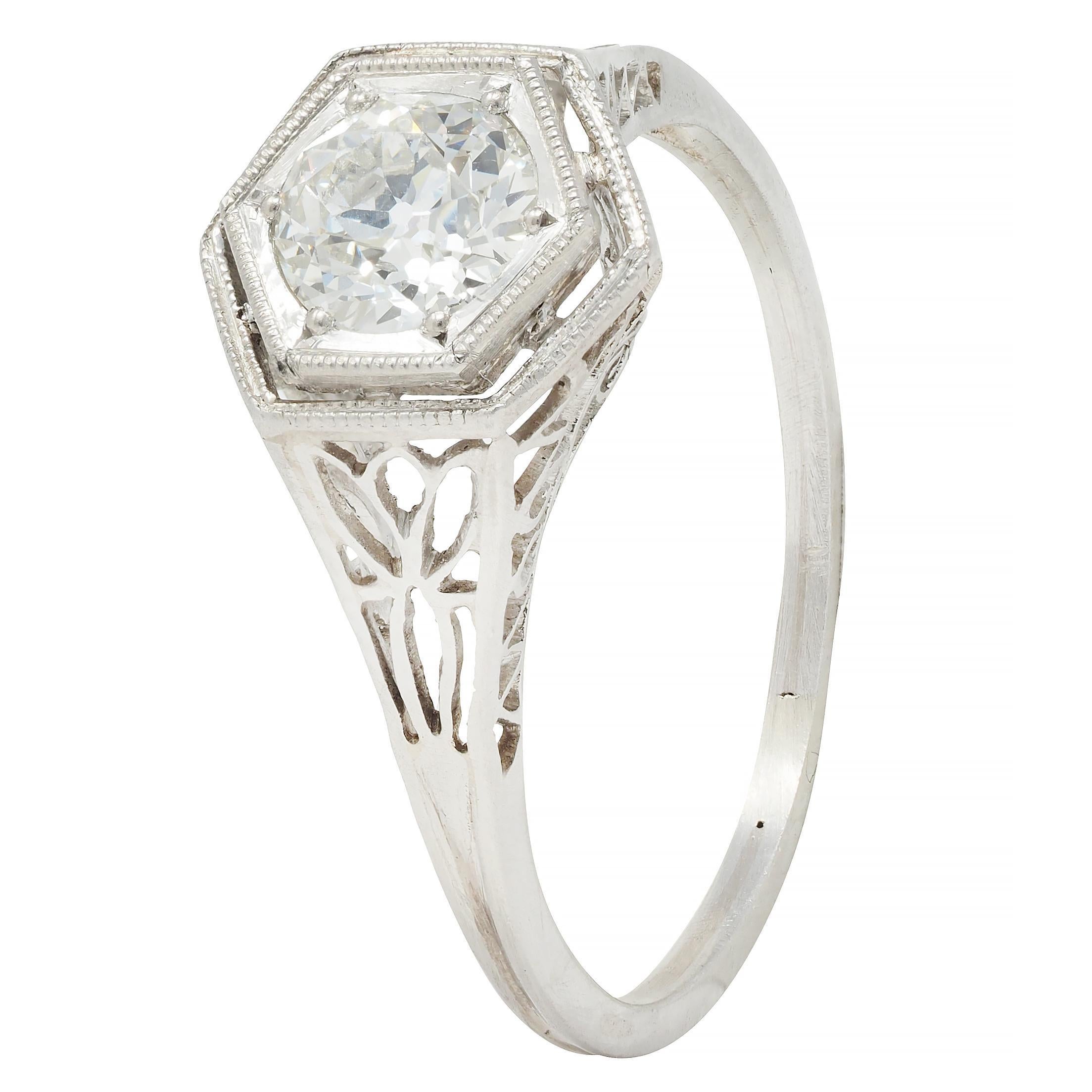 Art Deco Vintage Old European Diamond Platinum Scrolling Lotus Engagement Ring For Sale 2