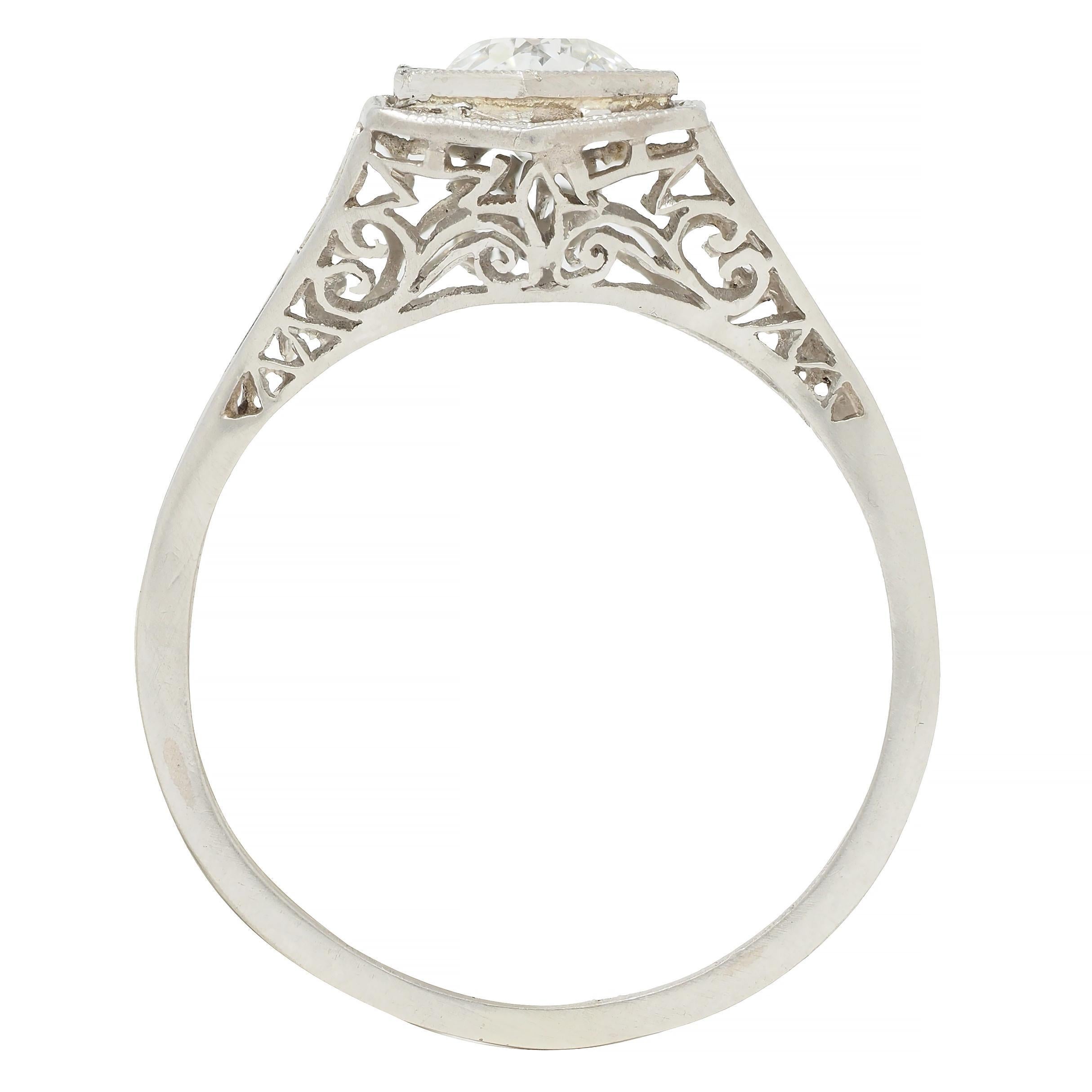 Art Deco Vintage Old European Diamond Platinum Scrolling Lotus Engagement Ring For Sale 3